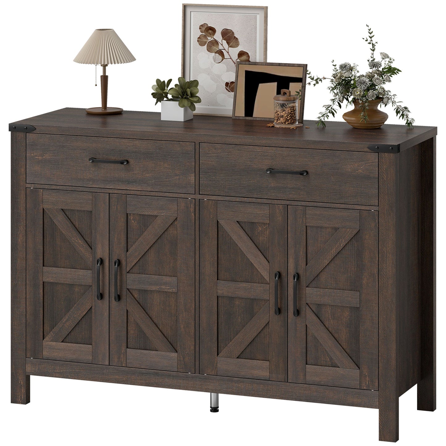 Sideboard Buffet Cabinet, Farmhouse Storage Cabinet, Kitchen Cupboard with 4 Doors, 2 Drawers and 2 Adjustable Shelves for Dining Room, Living Room, Dark Brown