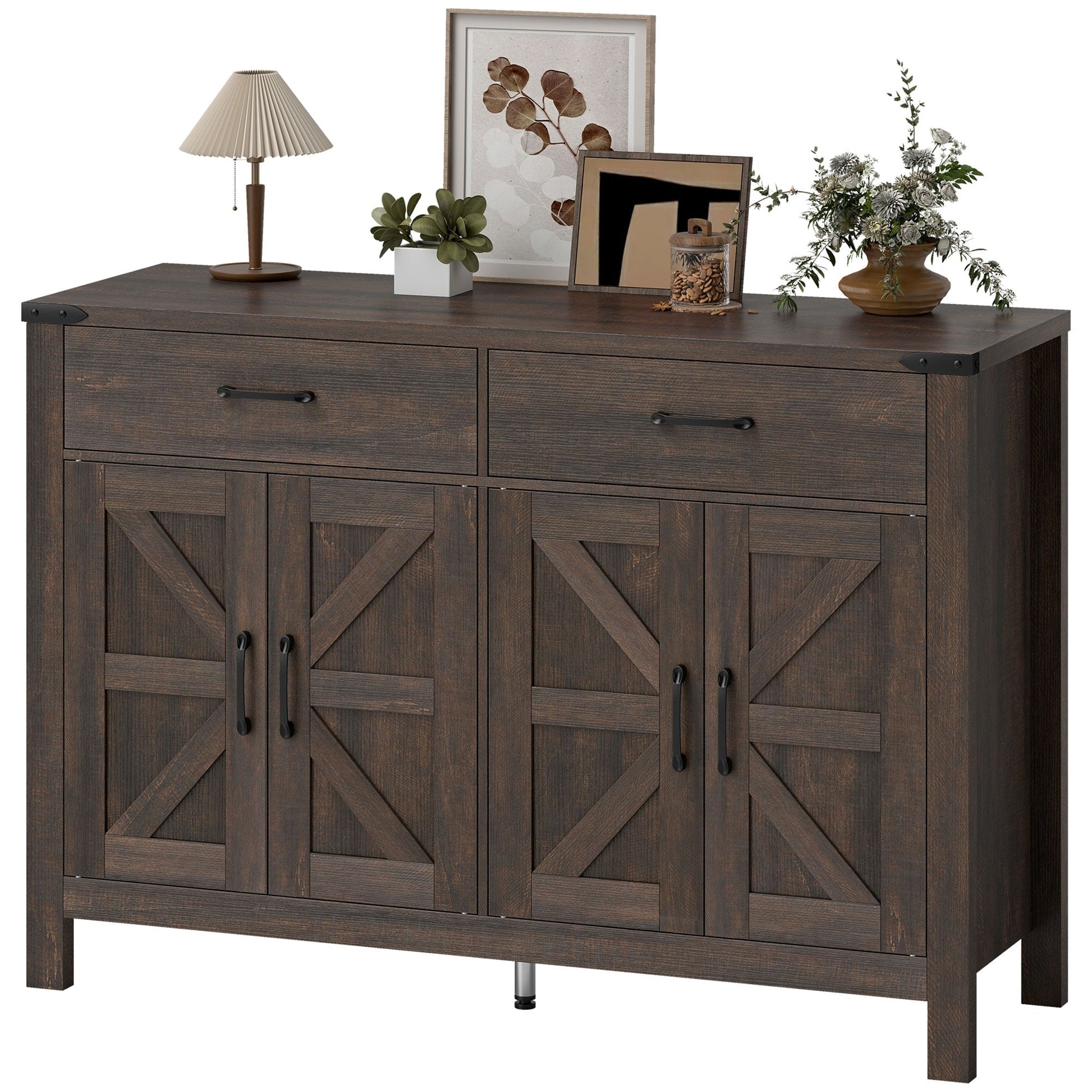 Sideboard Buffet Cabinet, Farmhouse Storage Cabinet, Kitchen Cupboard with 4 Doors, 2 Drawers and 2 Adjustable Shelves for Dining Room, Living Room, Dark Brown