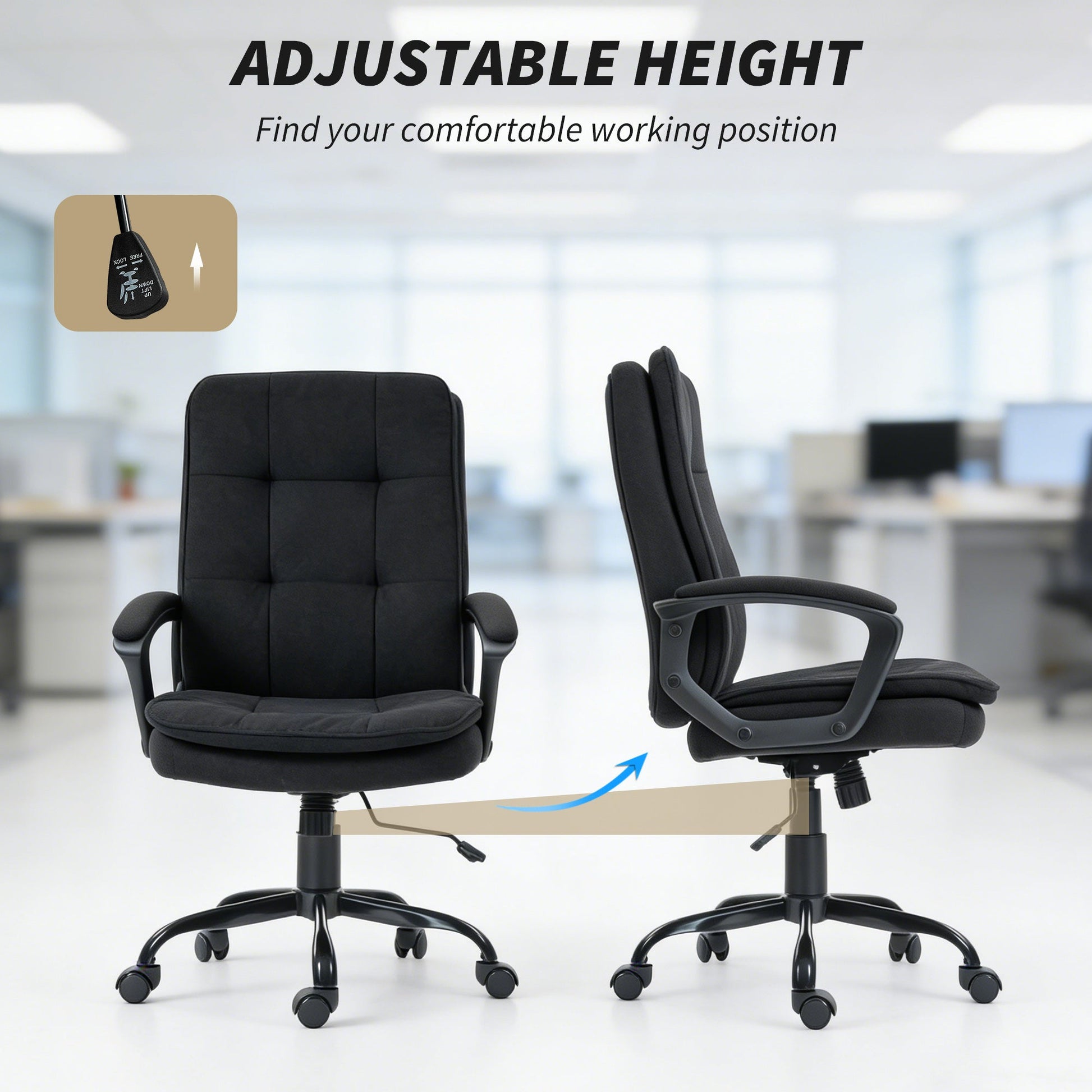 Executive Office Chair, Fabric Computer Desk Chair with Dual-Layer Padding, Adjustable Height, Armrests, Tilt Function, Swivel Wheels for Home Office, Study, Black