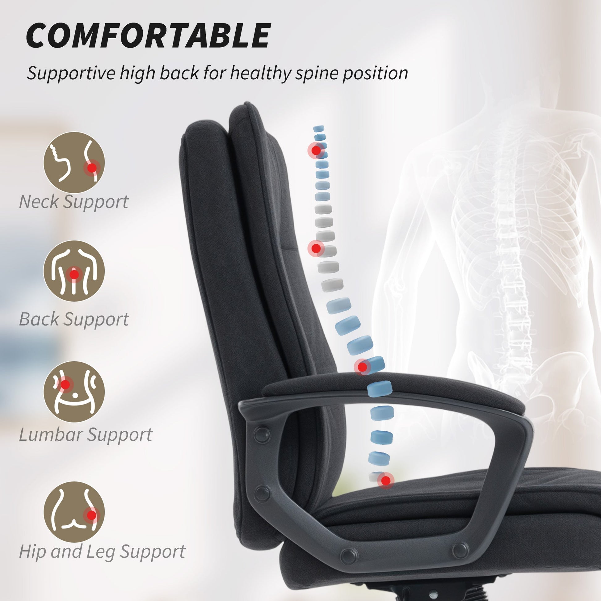 Executive Office Chair, Fabric Computer Desk Chair with Dual-Layer Padding, Adjustable Height, Armrests, Tilt Function, Swivel Wheels for Home Office, Study, Black