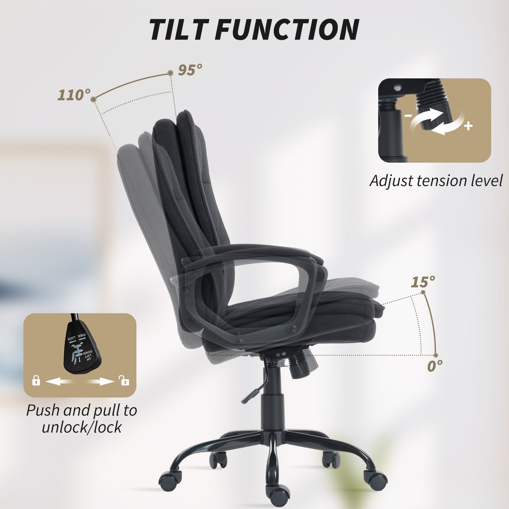 Executive Office Chair, Fabric Computer Desk Chair with Dual-Layer Padding, Adjustable Height, Armrests, Tilt Function, Swivel Wheels for Home Office, Study, Black