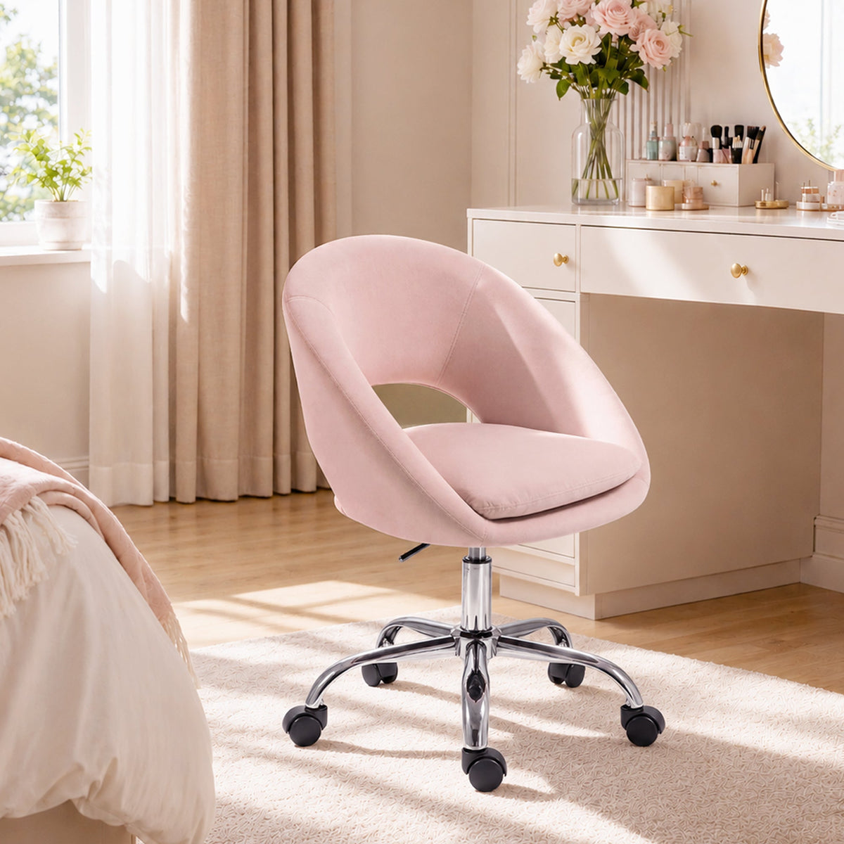 Modern Office Chair, Velvet Desk Chair with Swivel Seat, Height-Adjustable, with Wheels, for Home Study, Bedroom, Pink