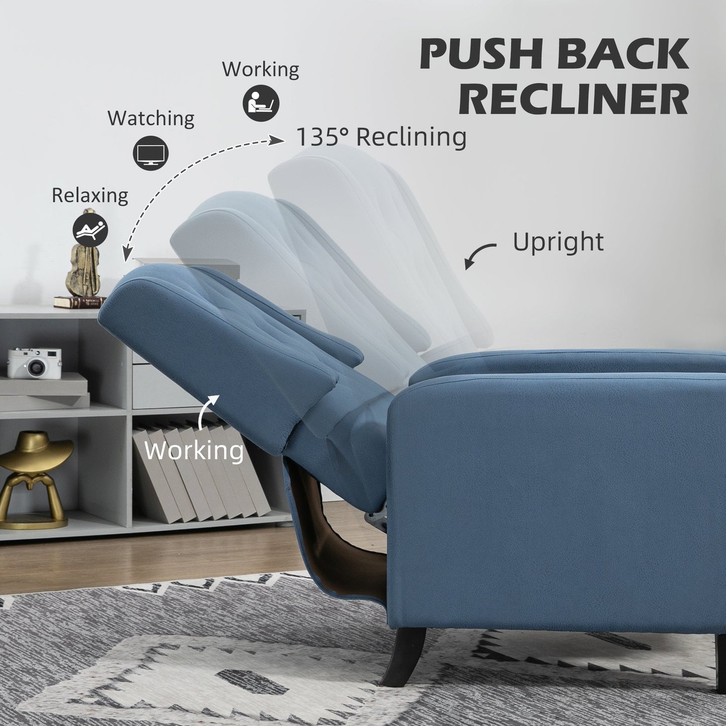 HOMCOM Wingback Push Back Recliner Armchair, Microfibre Cloth Reclining Chair with Leg Rest, Button Tufted, for Home Living Room Theater, Deep Blue