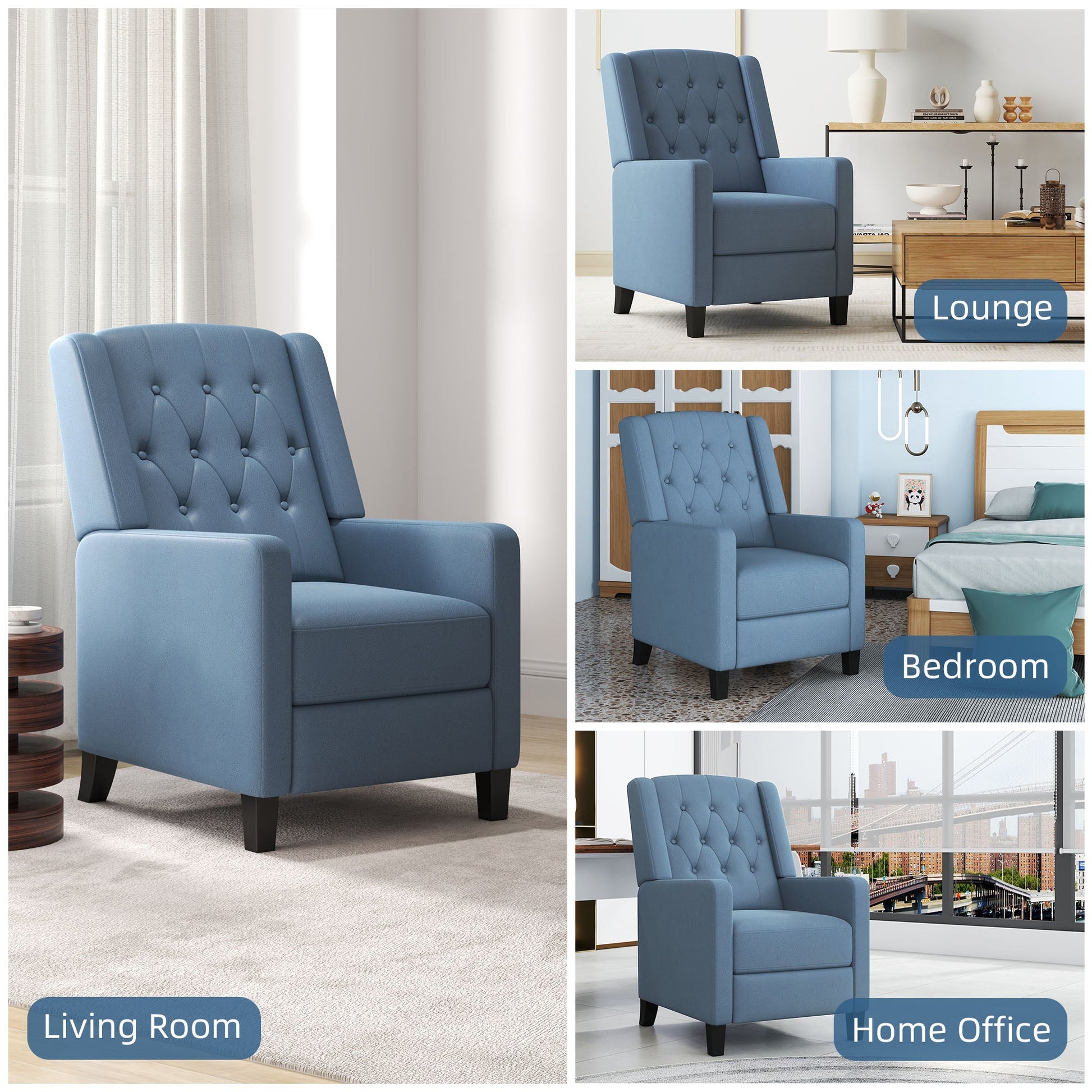 HOMCOM Wingback Push Back Recliner Armchair, Microfibre Cloth Reclining Chair with Leg Rest, Button Tufted, for Home Living Room Theater, Deep Blue