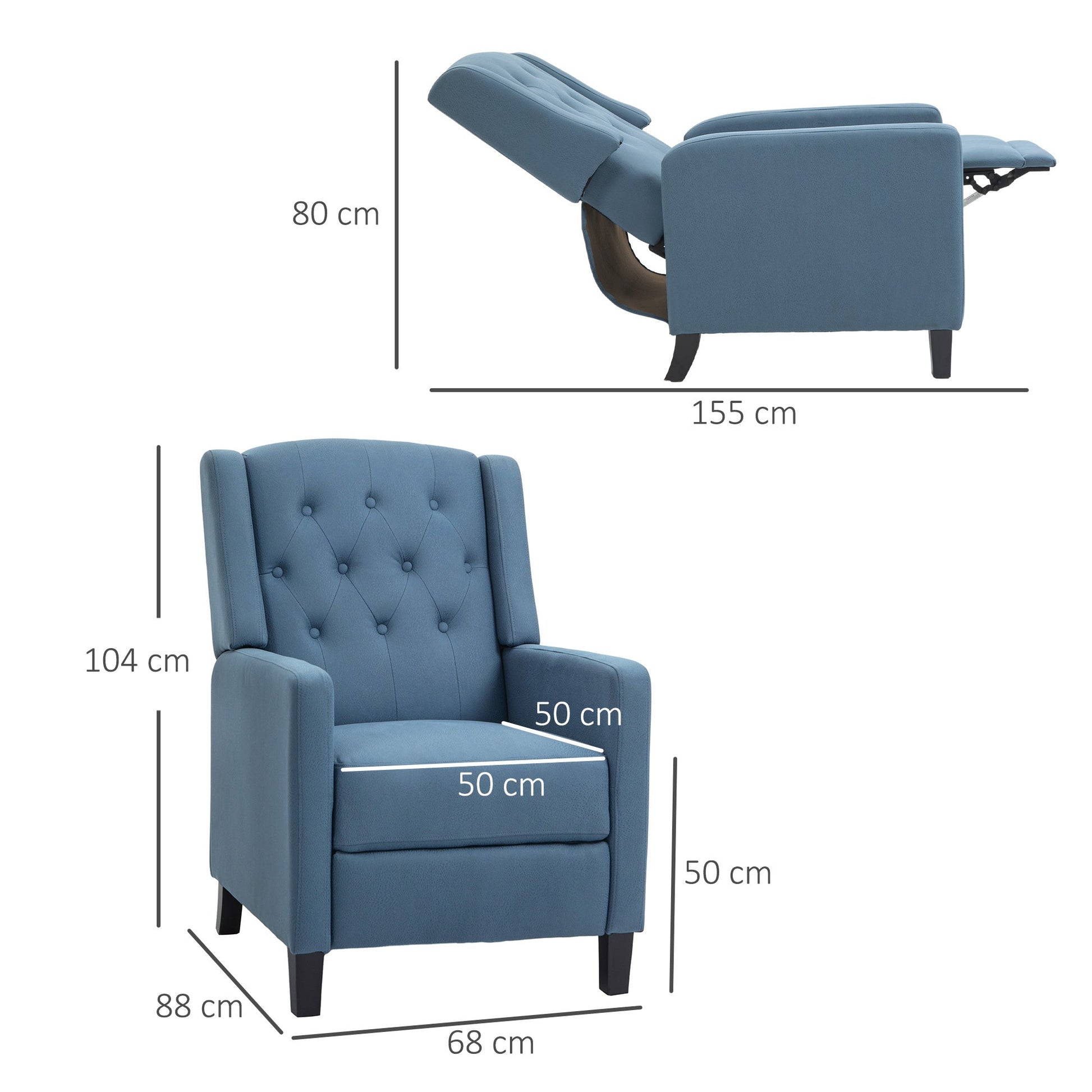 HOMCOM Wingback Push Back Recliner Armchair, Microfibre Cloth Reclining Chair with Leg Rest, Button Tufted, for Home Living Room Theater, Deep Blue