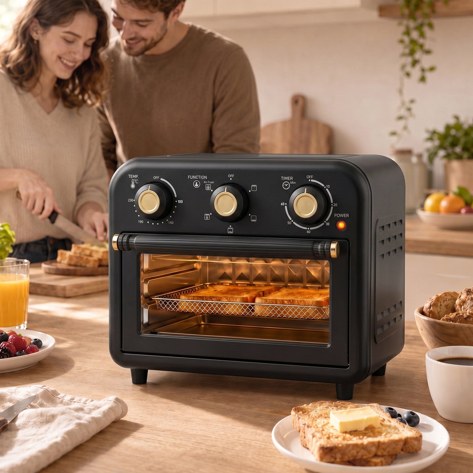 Air Fryer Toaster Oven, 12 L Small Convection Countertop Oven with Knob Controls, Baking Tray and Fry Basket, Adjustable Temperature, Timer, Dishwasher Safe, 1200W, Steel, Black
