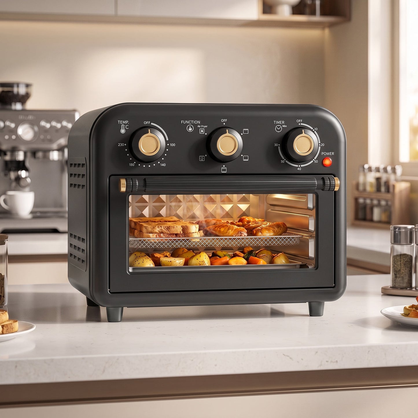 Air Fryer Toaster Oven, 12 L Small Convection Countertop Oven with Knob Controls, Baking Tray and Fry Basket, Adjustable Temperature, Timer, Dishwasher Safe, 1200W, Steel, Black