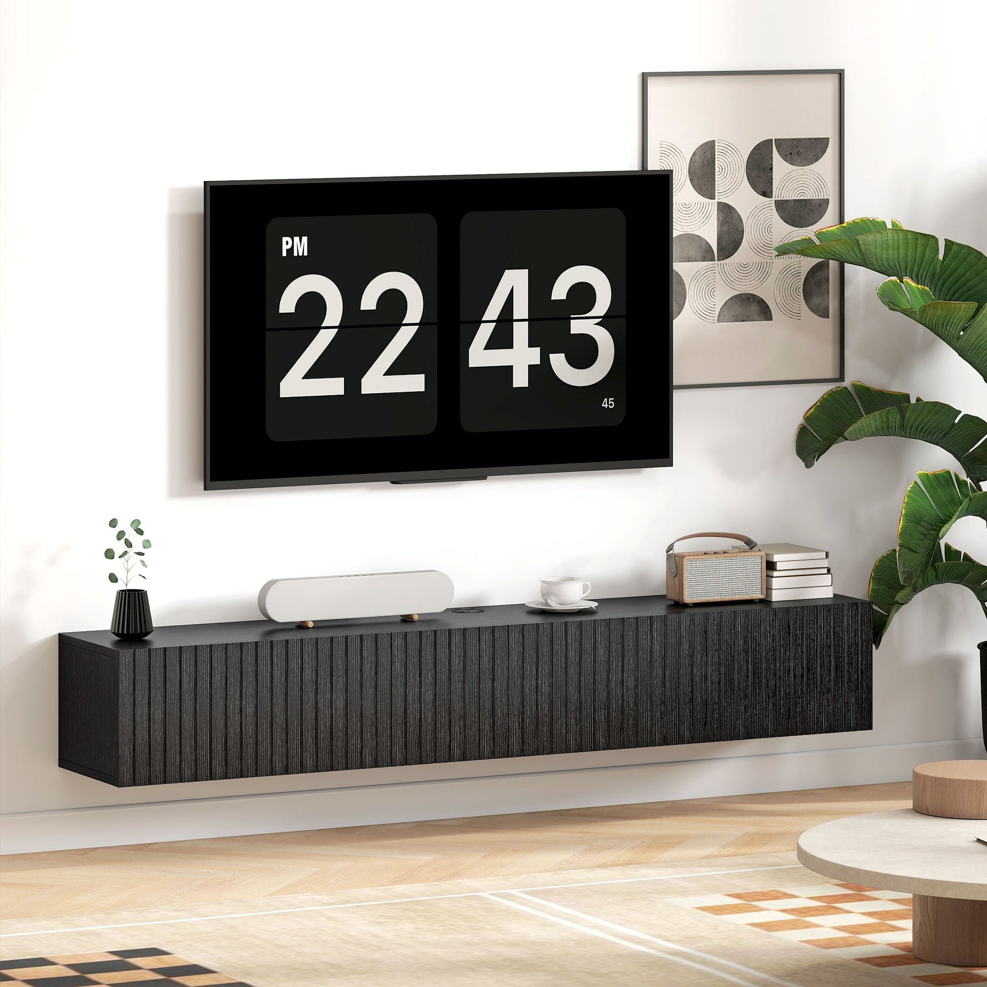 Floating TV Unit for Television up to 72 Inch, 180cm Wall Mount TV Stand Cabinet with Fluted Flip-Down Doors, Cable Management Hole, Entertainment Media Console for Living Room, Bedroom, Black