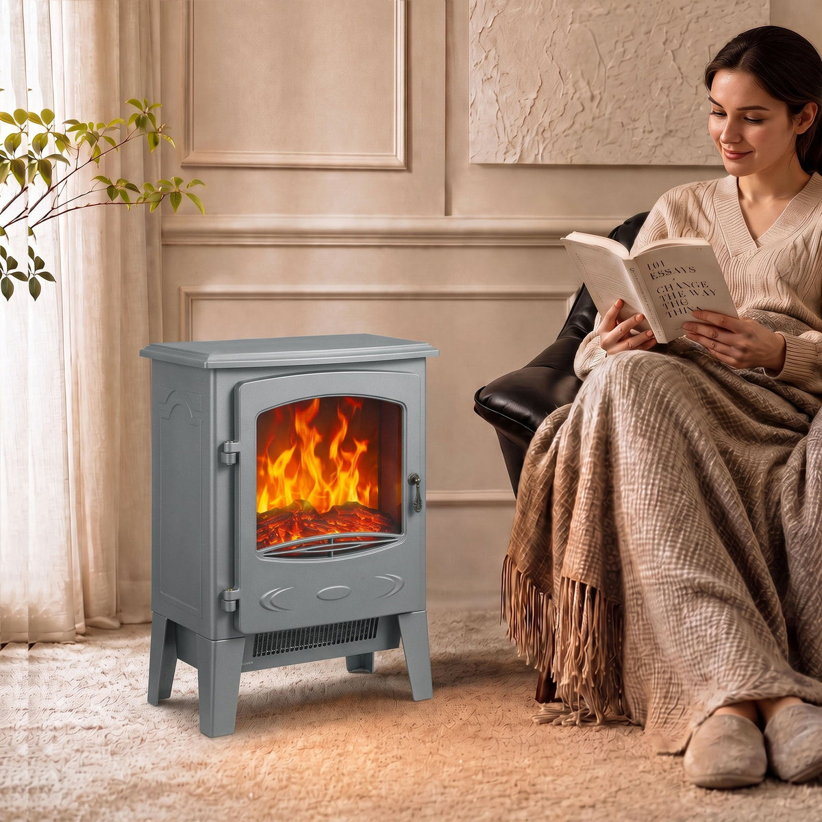 Electric Fireplace Stove, Freestanding Log Burner, 1000W/2000W, Portable Electric Fire Fan Heater with LED Flame Effect, Adjustable Thermostat, Tempered Glass, Overheat Protection， Grey