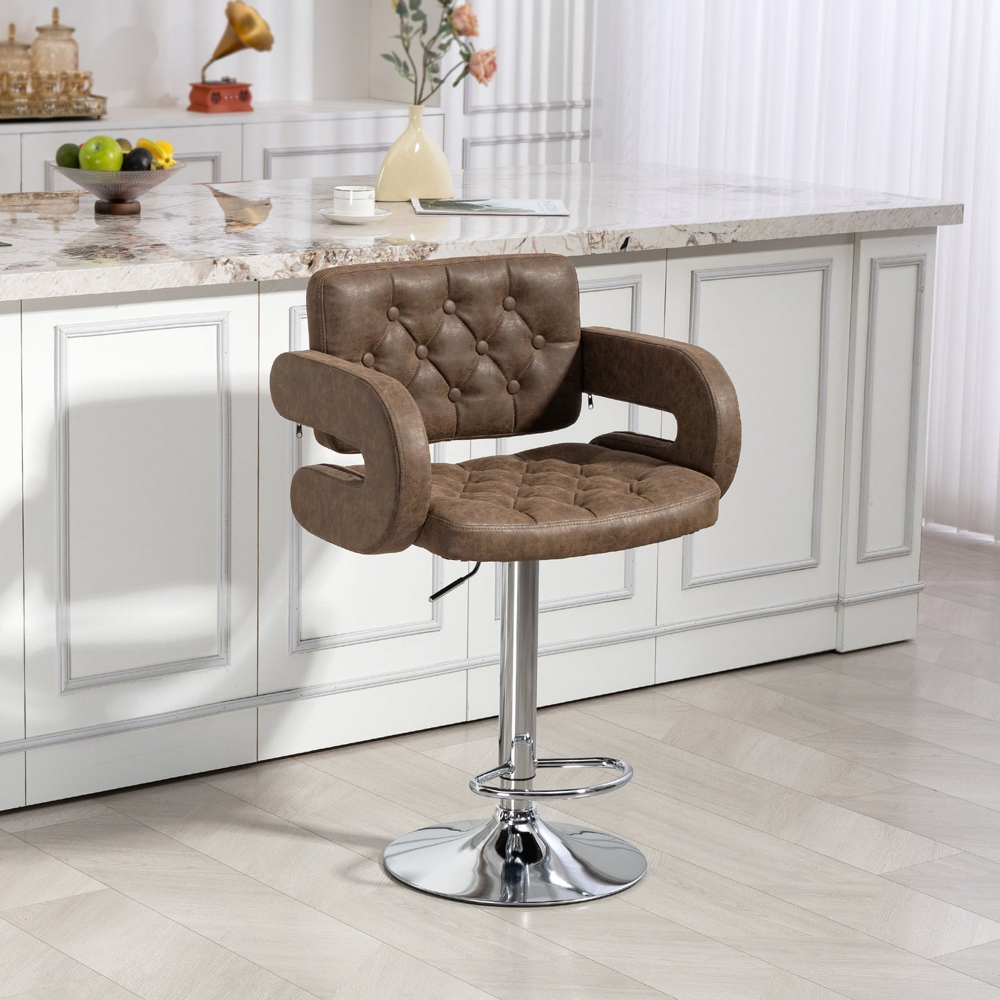 Swivel Bar Stool with Extra Large Seat, PU Leather Upholstered Adjustable Barstool with Back, Arm and Footrest, Breakfast Bar Chair for Bistro, Kitchen, Coffee
