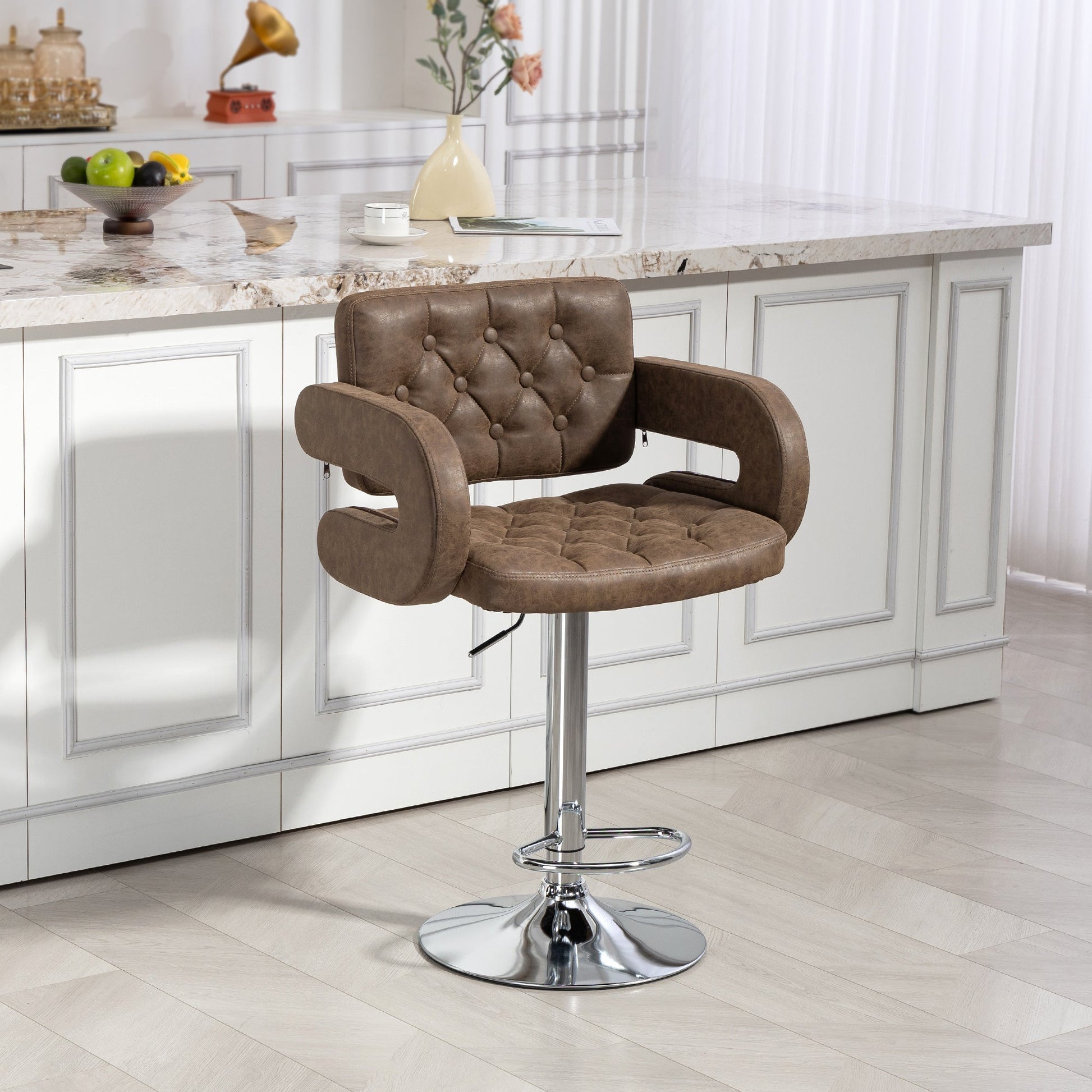 Swivel Bar Stool with Extra Large Seat, PU Leather Upholstered Adjustable Barstool with Back, Arm and Footrest, Breakfast Bar Chair for Bistro, Kitchen, Coffee
