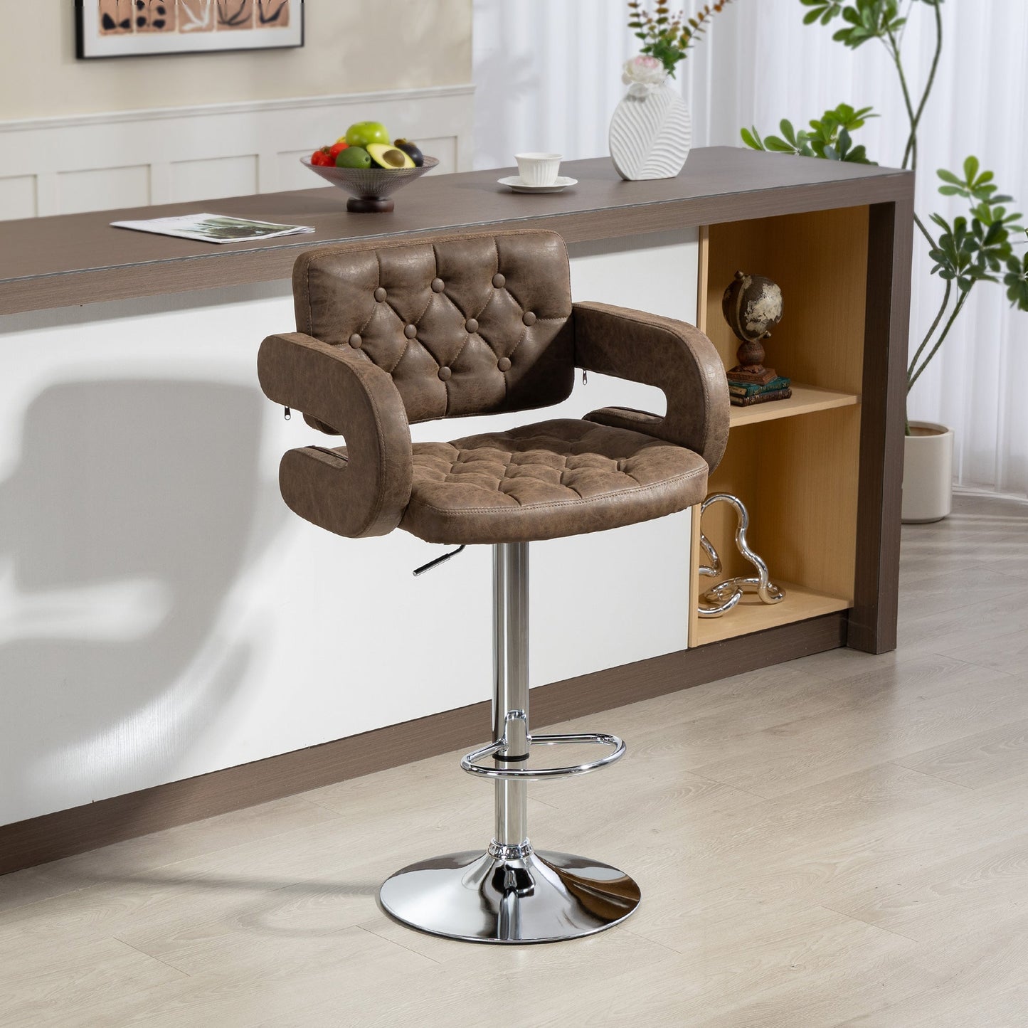 Swivel Bar Stool with Extra Large Seat, PU Leather Upholstered Adjustable Barstool with Back, Arm and Footrest, Breakfast Bar Chair for Bistro, Kitchen, Coffee