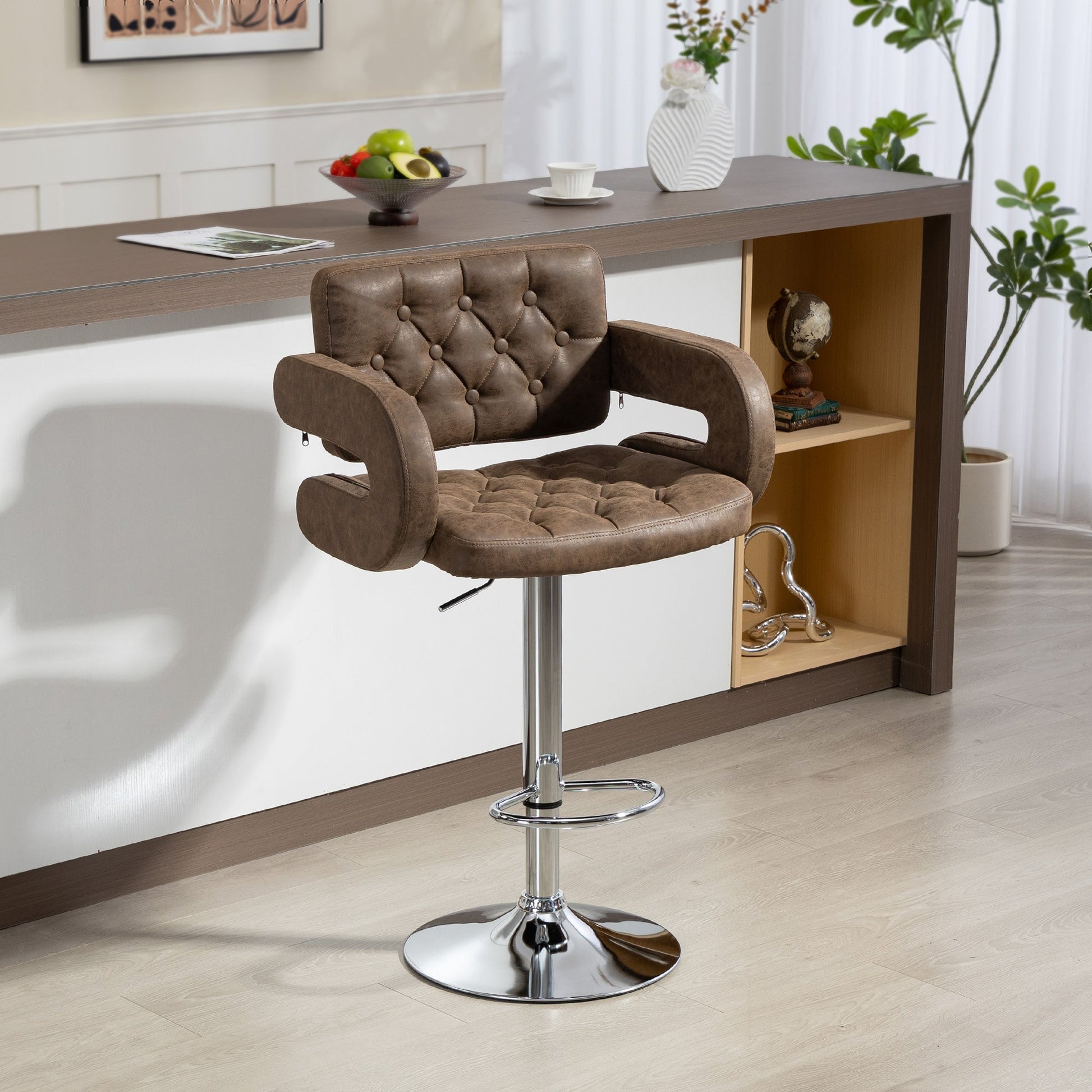 Swivel Bar Stool with Extra Large Seat, PU Leather Upholstered Adjustable Barstool with Back, Arm and Footrest, Breakfast Bar Chair for Bistro, Kitchen, Coffee