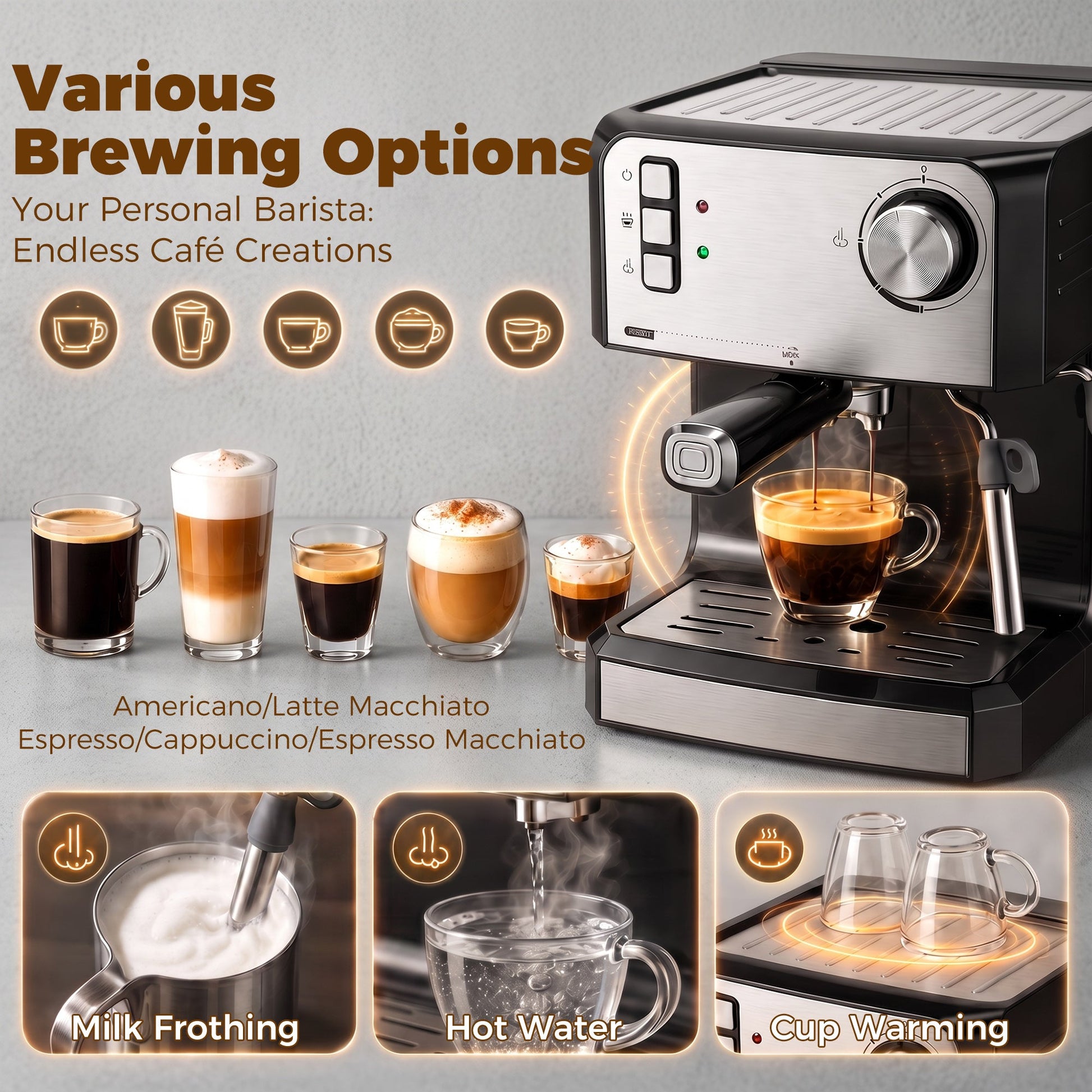 Espresso Machine with Milk Frother Wand, 1.6 L Water Tank, 850W Semi Automatic 20 Bar Coffee Machine, Latte and Cappuccino Maker with Double Shot, Hot Water, Cup Warming, Black and Silver