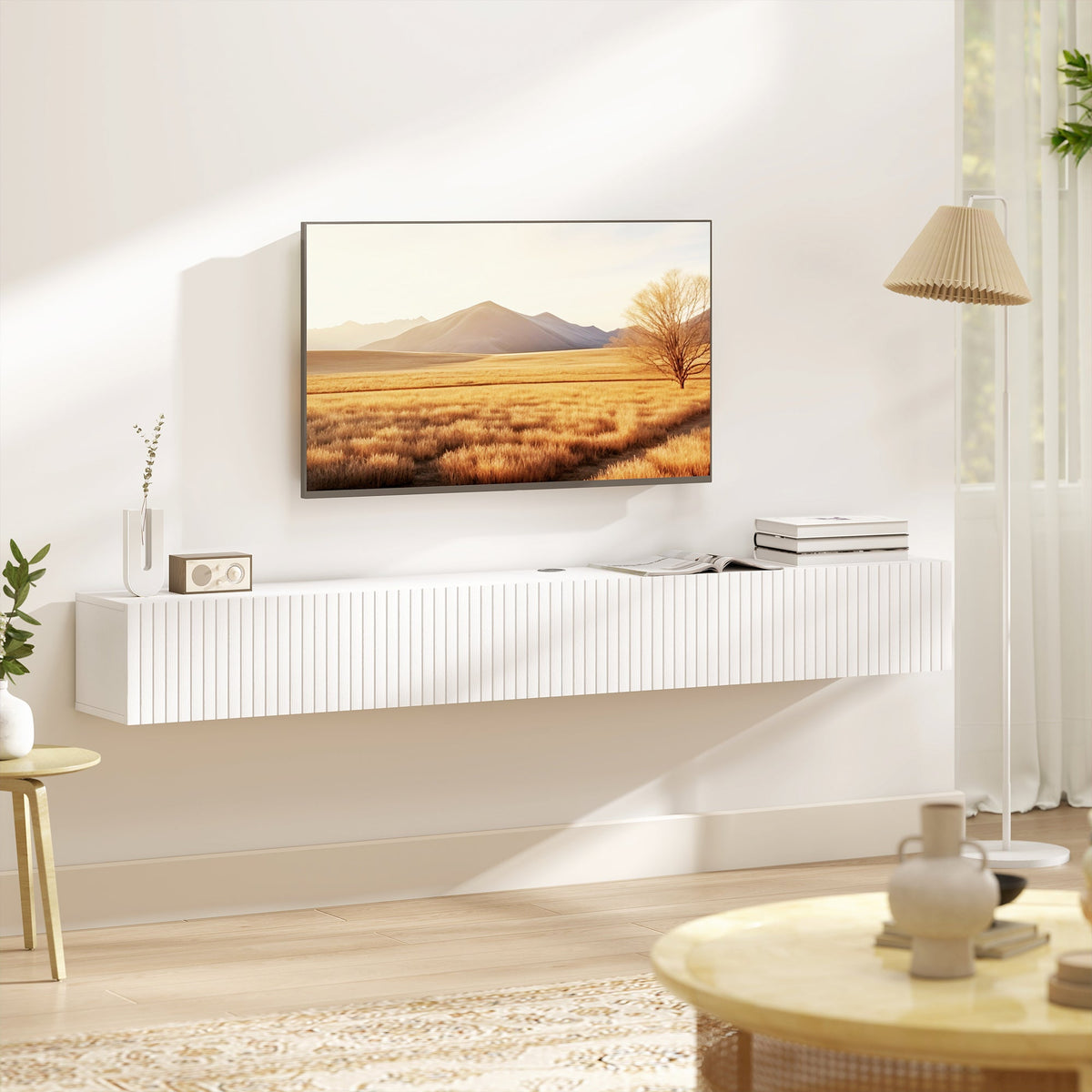 Floating TV Unit for Television up to 72 Inch, 180cm Wall Mount TV Stand Cabinet with Fluted Flip-Down Doors, Cable Management Hole, Entertainment Media Console for Living Room, Bedroom, White