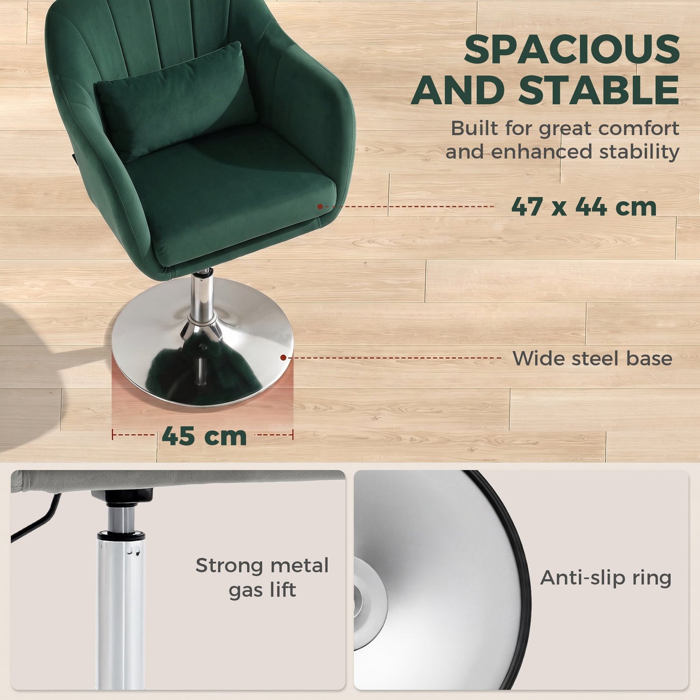 Swivel Accent Chair, Velvet Fabric Tub Vanity Chair, Modern Armchair with Adjustable Height and Lumbar Support for Living Room Bedroom Salon Make up Room Dressing Table, Dark Green