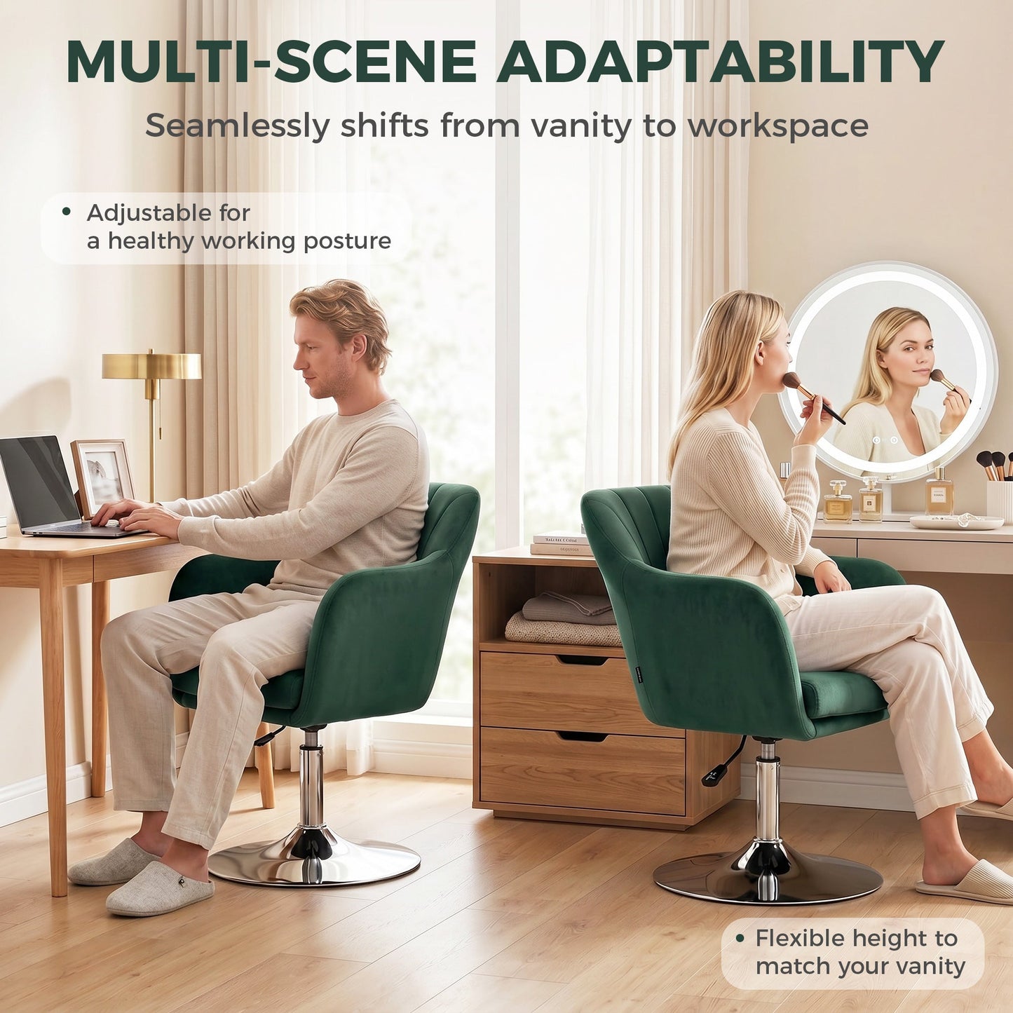 Swivel Accent Chair, Velvet Fabric Tub Vanity Chair, Modern Armchair with Adjustable Height and Lumbar Support for Living Room Bedroom Salon Make up Room Dressing Table, Dark Green