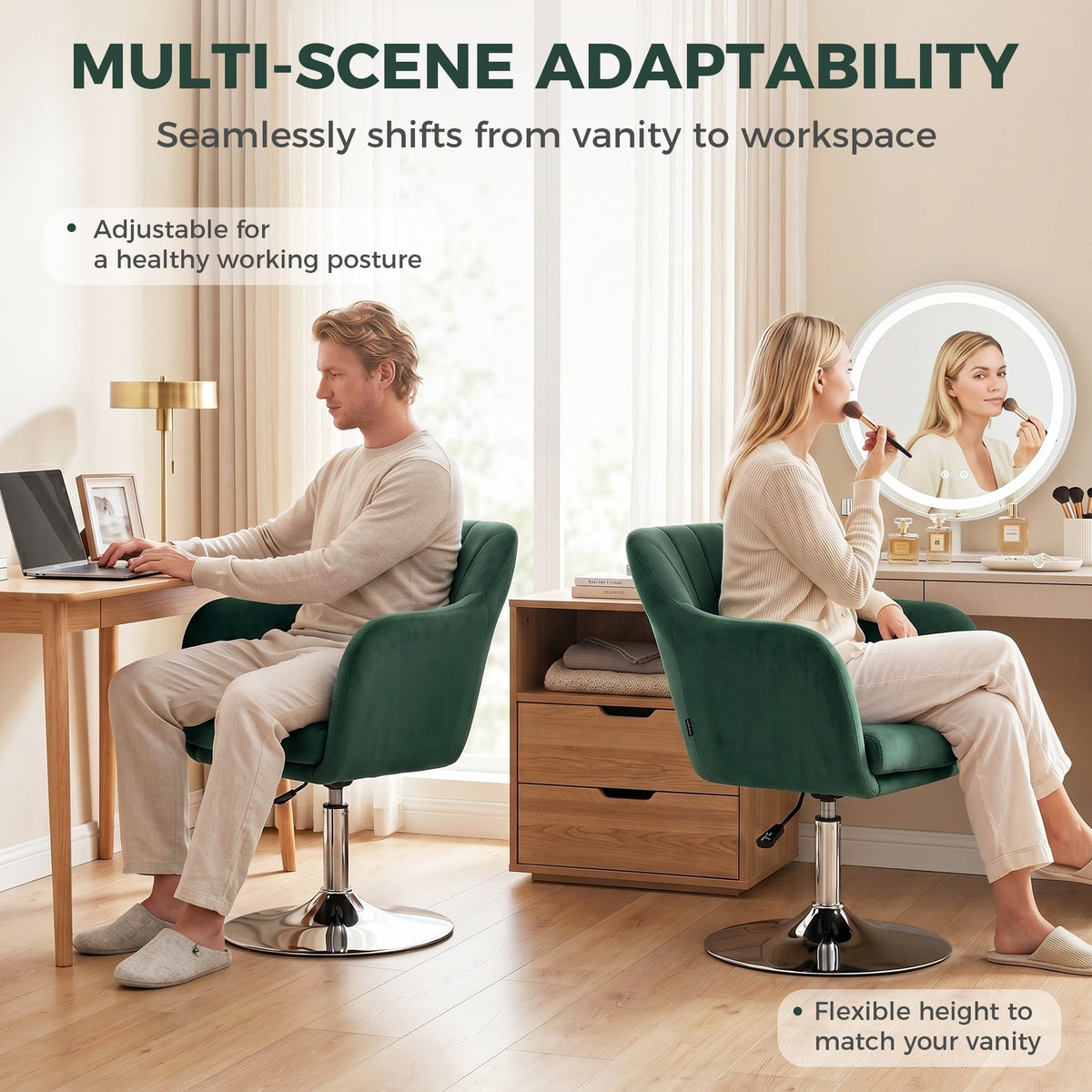 Swivel Accent Chair, Velvet Fabric Tub Vanity Chair, Modern Armchair with Adjustable Height and Lumbar Support for Living Room Bedroom Salon Make up Room Dressing Table, Dark Green