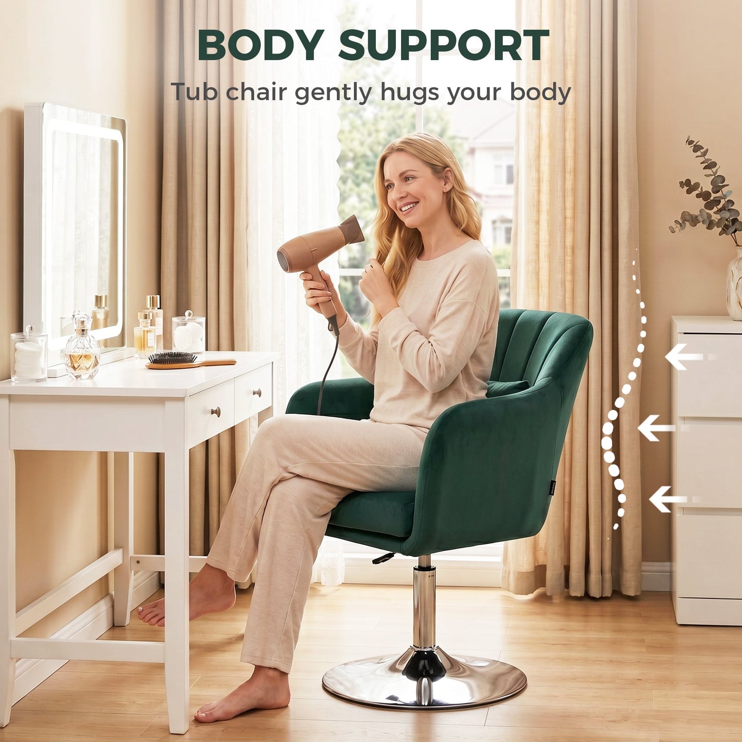 Swivel Accent Chair, Velvet Fabric Tub Vanity Chair, Modern Armchair with Adjustable Height and Lumbar Support for Living Room Bedroom Salon Make up Room Dressing Table, Dark Green