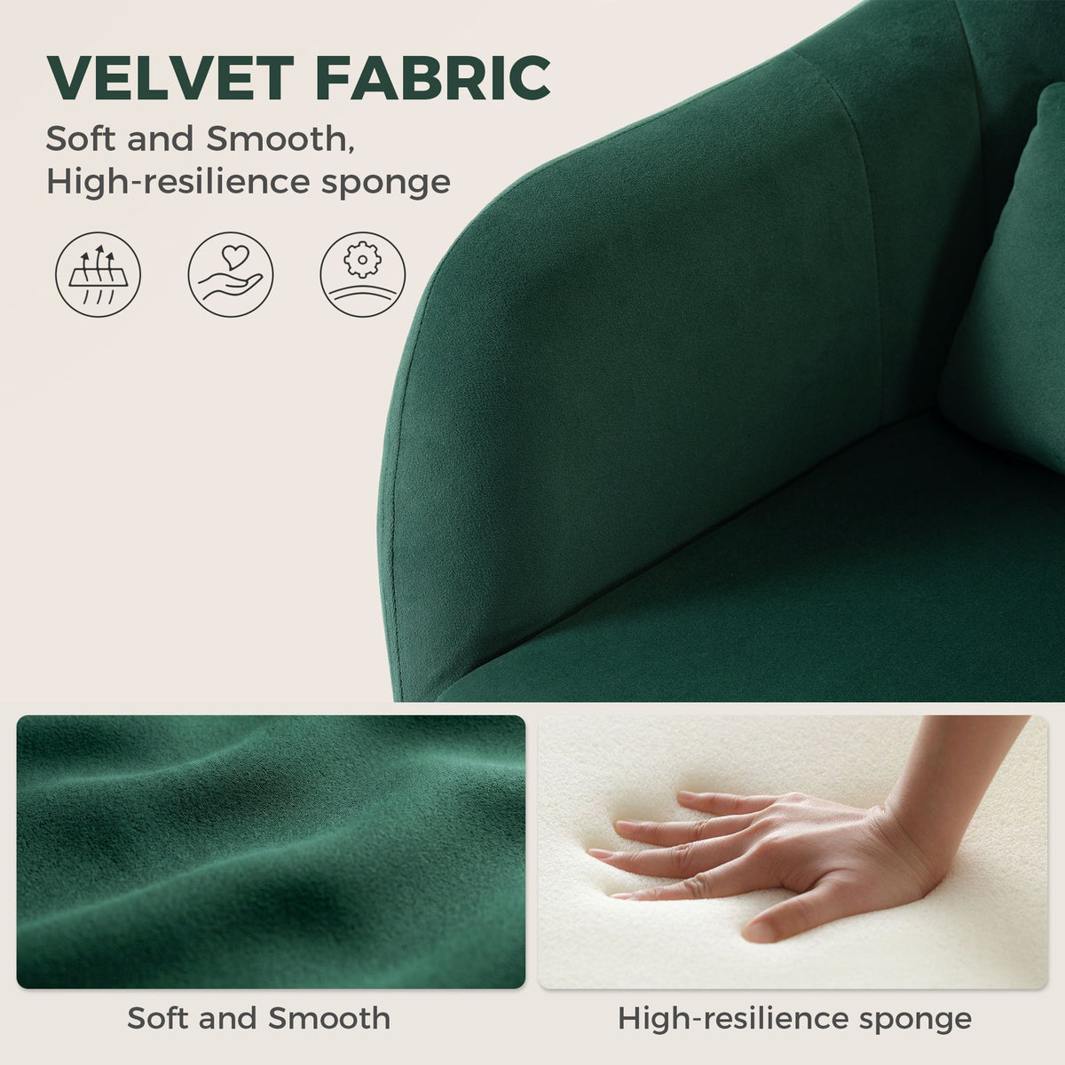 Swivel Accent Chair, Velvet Fabric Tub Vanity Chair, Modern Armchair with Adjustable Height and Lumbar Support for Living Room Bedroom Salon Make up Room Dressing Table, Dark Green