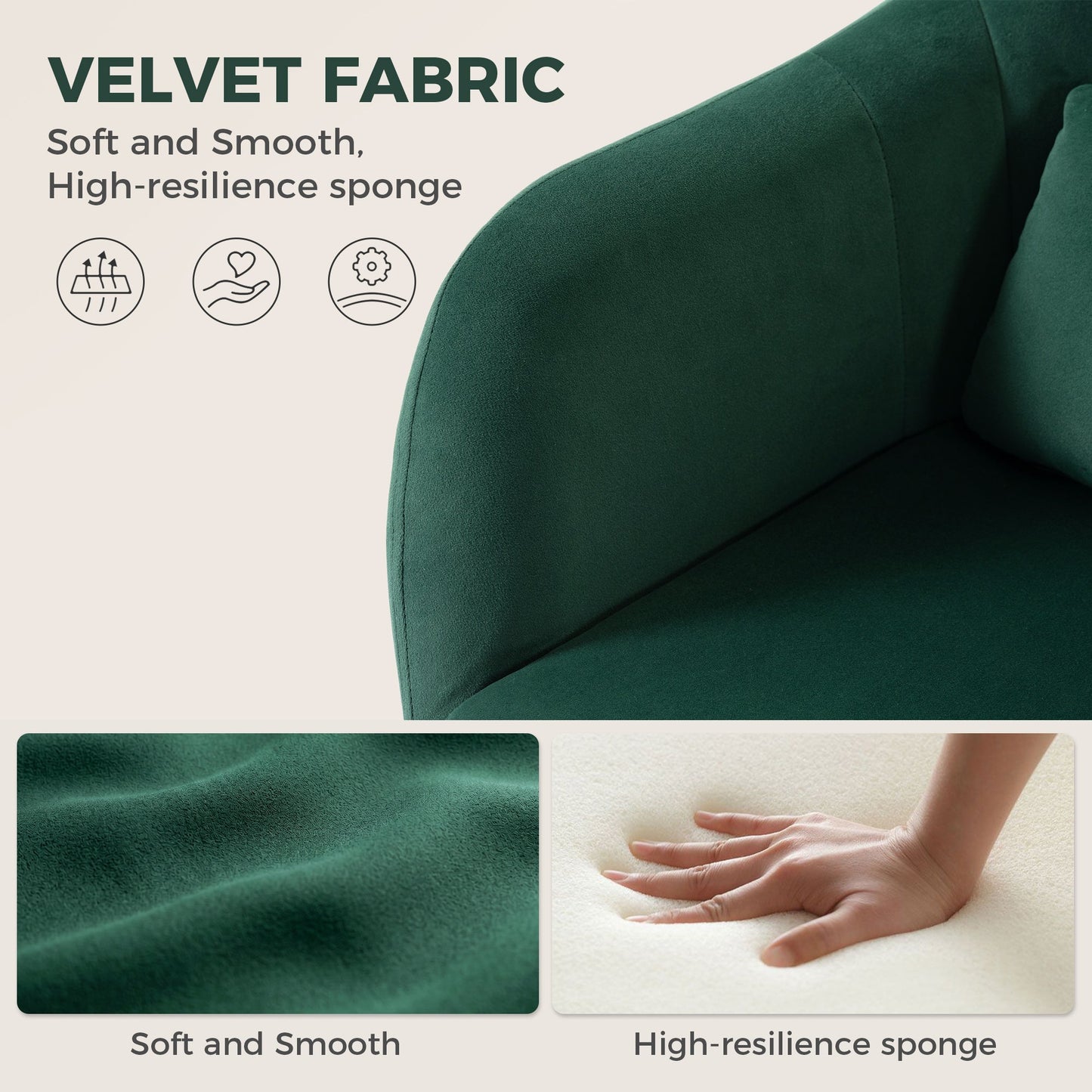 Swivel Accent Chair, Velvet Fabric Tub Vanity Chair, Modern Armchair with Adjustable Height and Lumbar Support for Living Room Bedroom Salon Make up Room Dressing Table, Dark Green