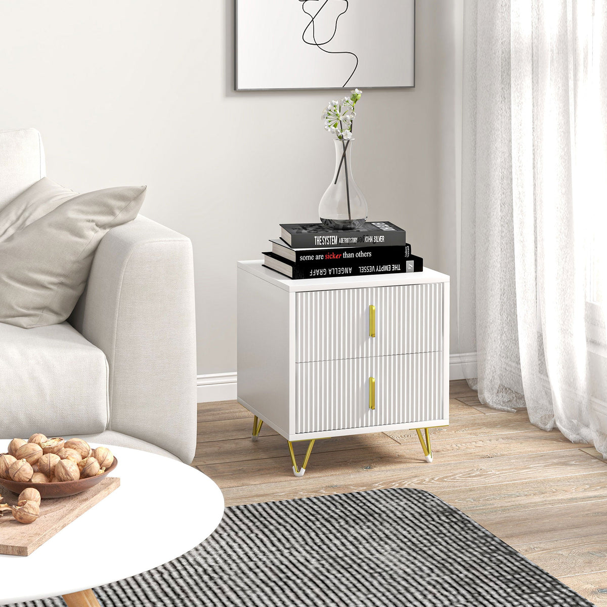 HOMCOM Modern 2 Drawer Dresser, Fluted Bedroom Dresser Chest of Drawers with Metal Legs and Steel Handles for Bedroom, White