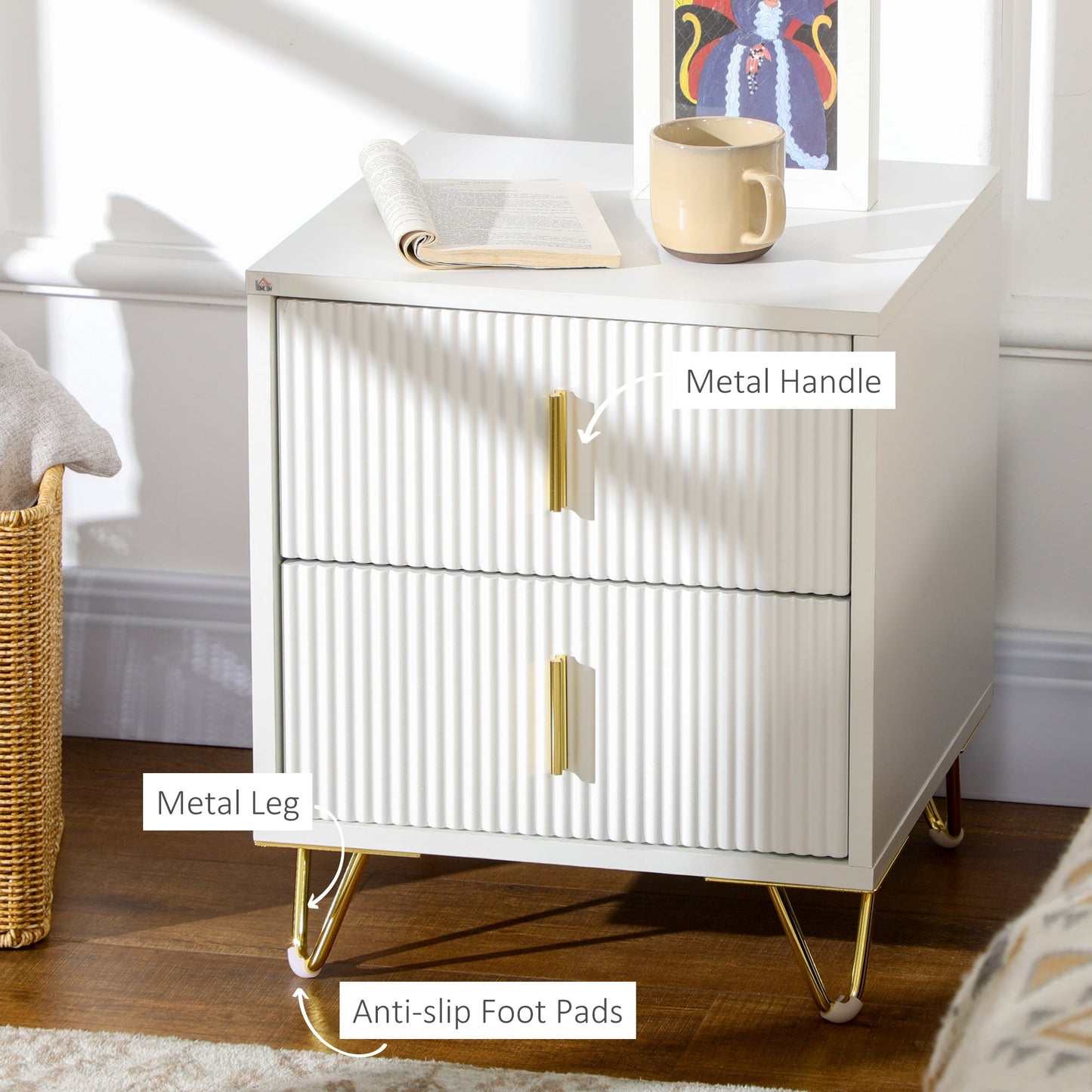 HOMCOM Modern 2 Drawer Dresser, Fluted Bedroom Dresser Chest of Drawers with Metal Legs and Steel Handles for Bedroom, White