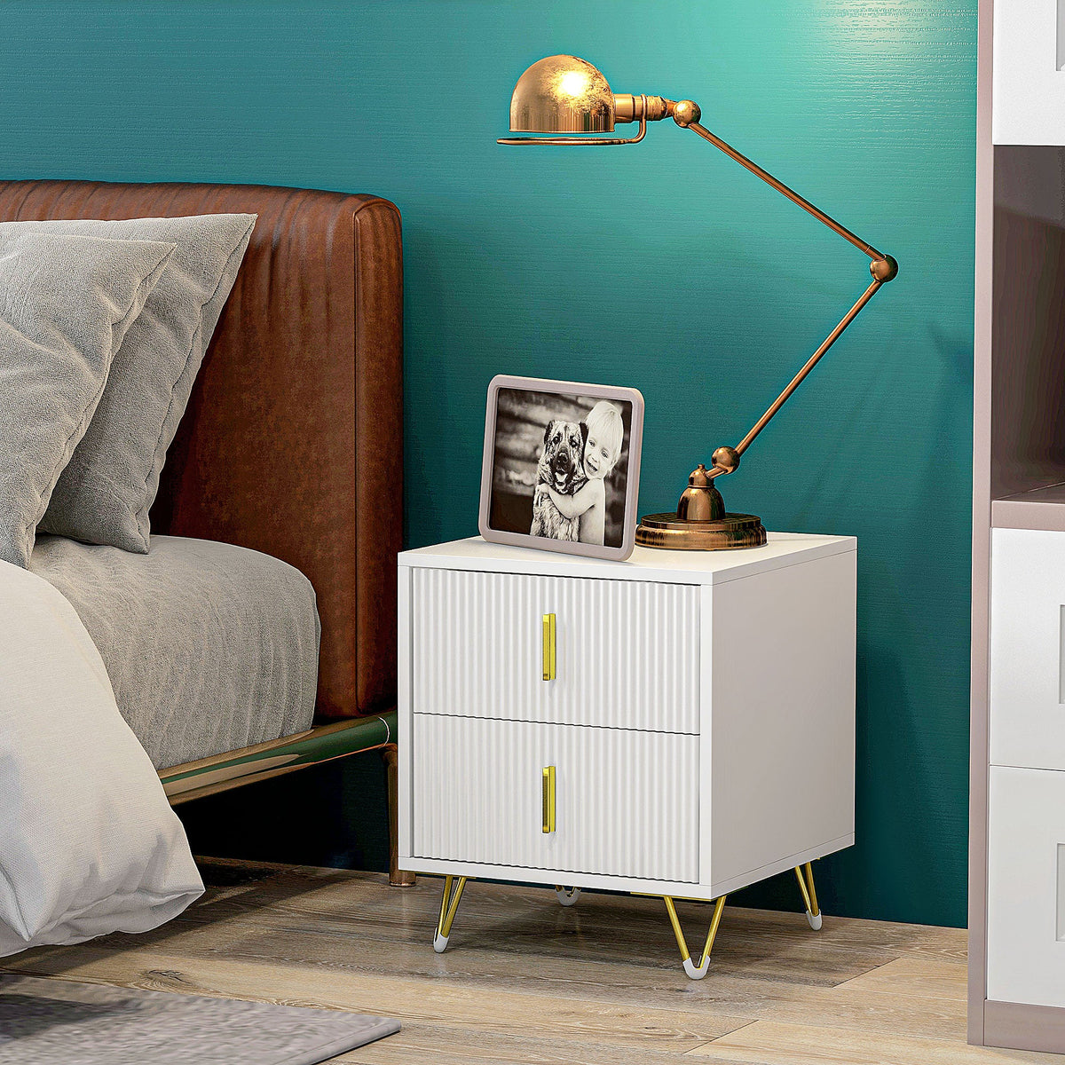 HOMCOM Modern 2 Drawer Dresser, Fluted Bedroom Dresser Chest of Drawers with Metal Legs and Steel Handles for Bedroom, White