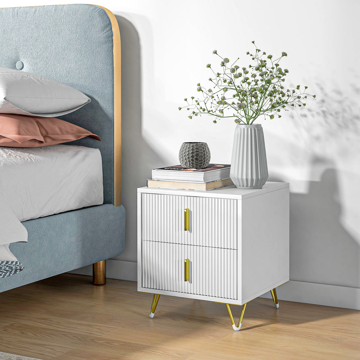 HOMCOM Modern 2 Drawer Dresser, Fluted Bedroom Dresser Chest of Drawers with Metal Legs and Steel Handles for Bedroom, White
