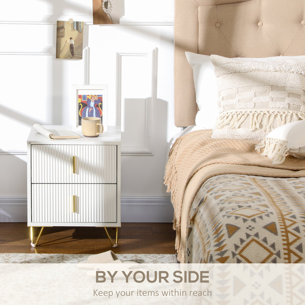 HOMCOM Modern 2 Drawer Dresser, Fluted Bedroom Dresser Chest of Drawers with Metal Legs and Steel Handles for Bedroom, White