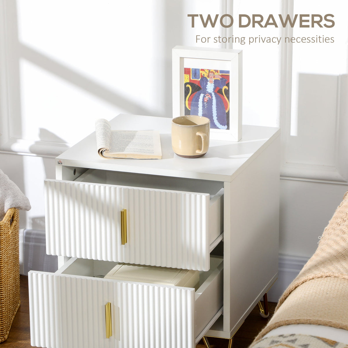 HOMCOM Modern 2 Drawer Dresser, Fluted Bedroom Dresser Chest of Drawers with Metal Legs and Steel Handles for Bedroom, White