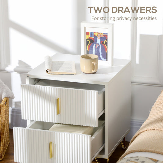 HOMCOM Modern 2 Drawer Dresser, Fluted Bedroom Dresser Chest of Drawers with Metal Legs and Steel Handles for Bedroom, White