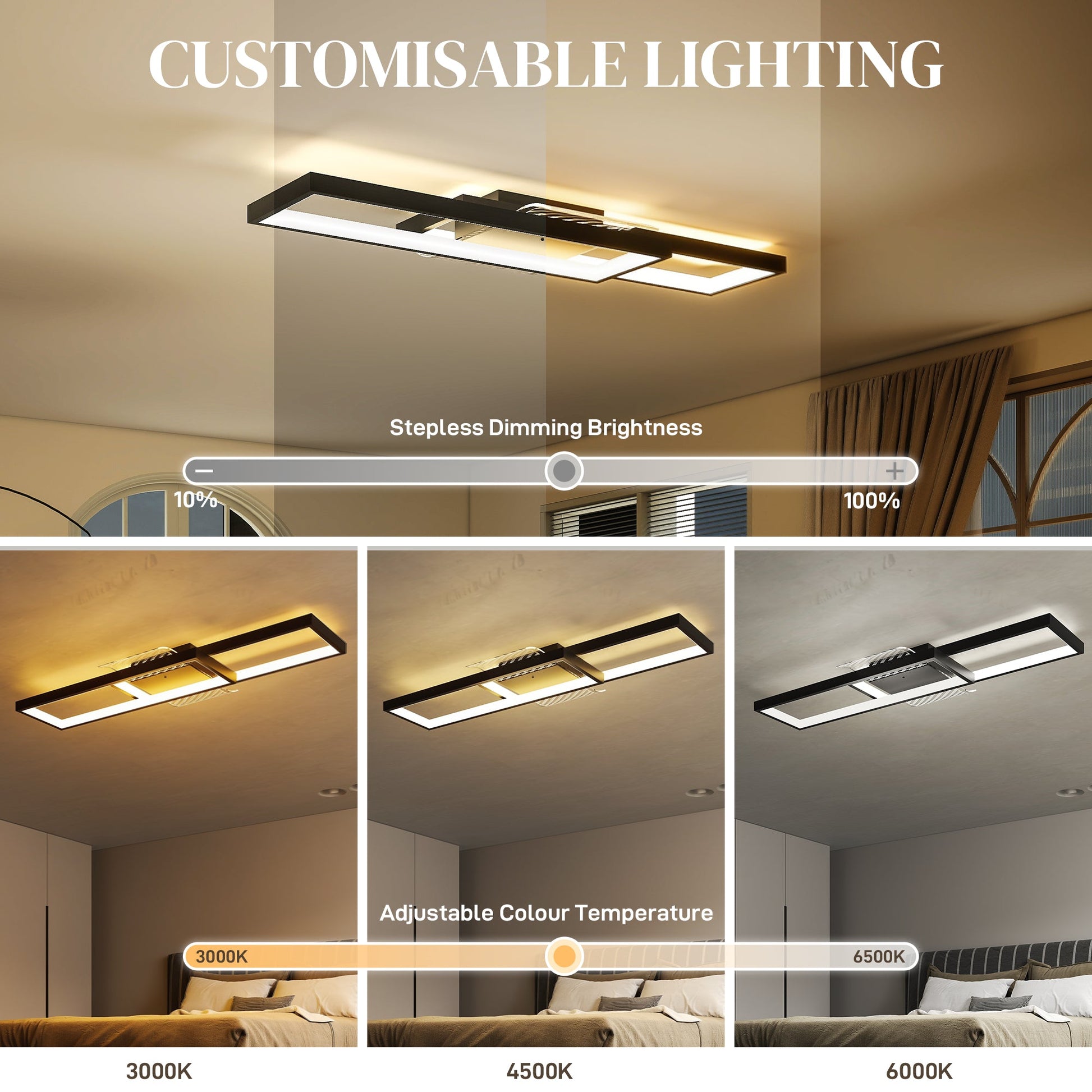 LED Ceiling Light, Modern Dimmable Ceiling Light with Wall Switch & Remote Control, Flush Mount Ceiling Lamp with 3000-6000K Colour Temperatures for Living Room, Bedroom, Black