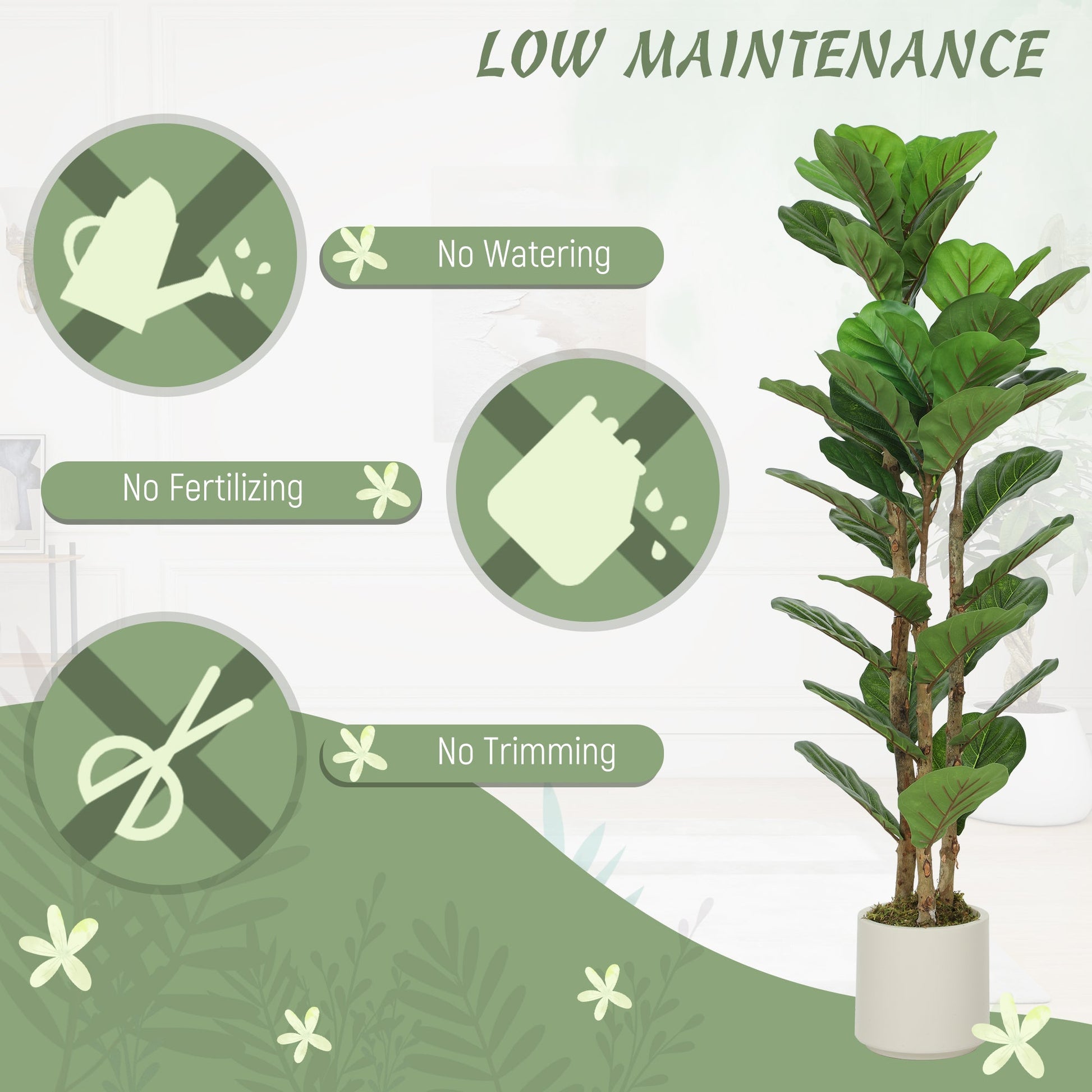 120cm Artificial Fiddle Leaf Fig Trees Set of Two with Solid Wood Trunks, Decorative Artificial Plants with 45 Leaves in Pot for Indoor Living Room Office Home Decor, Green