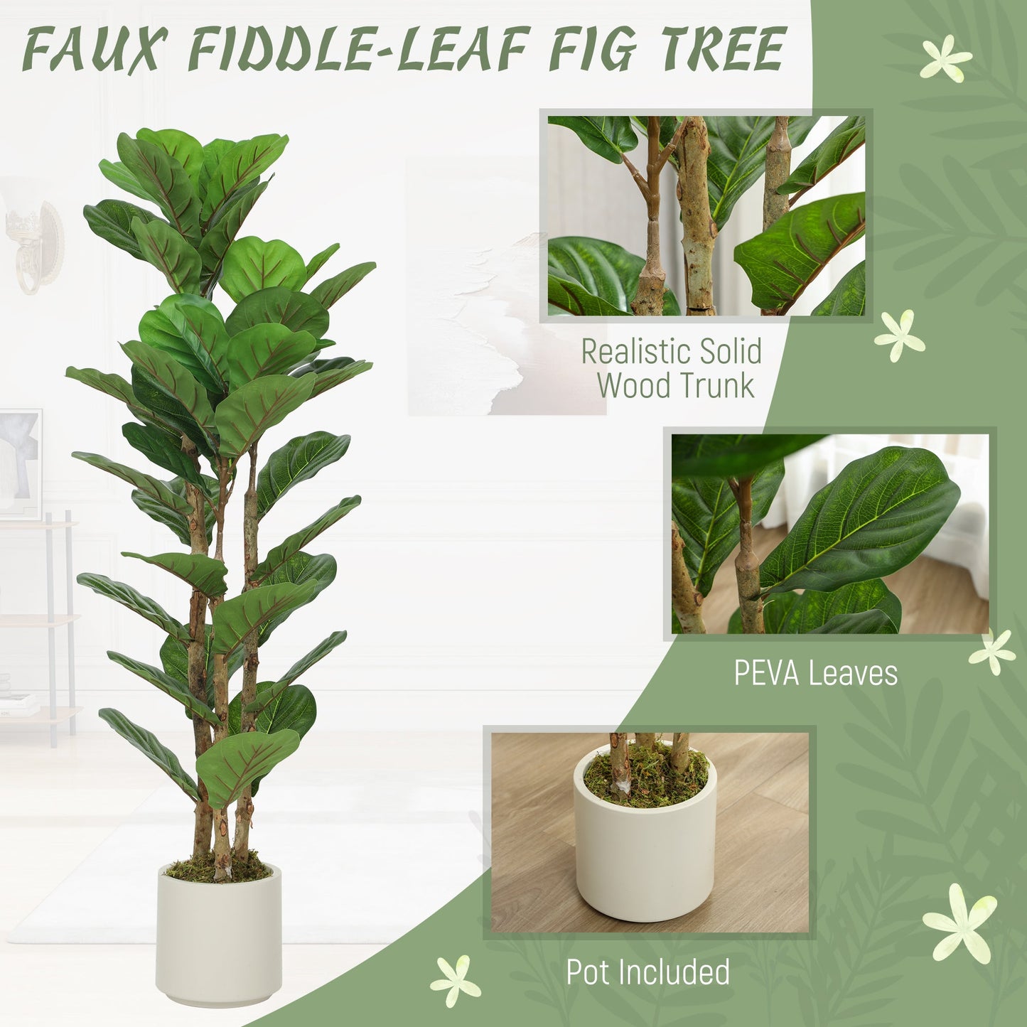 120cm Artificial Fiddle Leaf Fig Trees Set of Two with Solid Wood Trunks, Decorative Artificial Plants with 45 Leaves in Pot for Indoor Living Room Office Home Decor, Green
