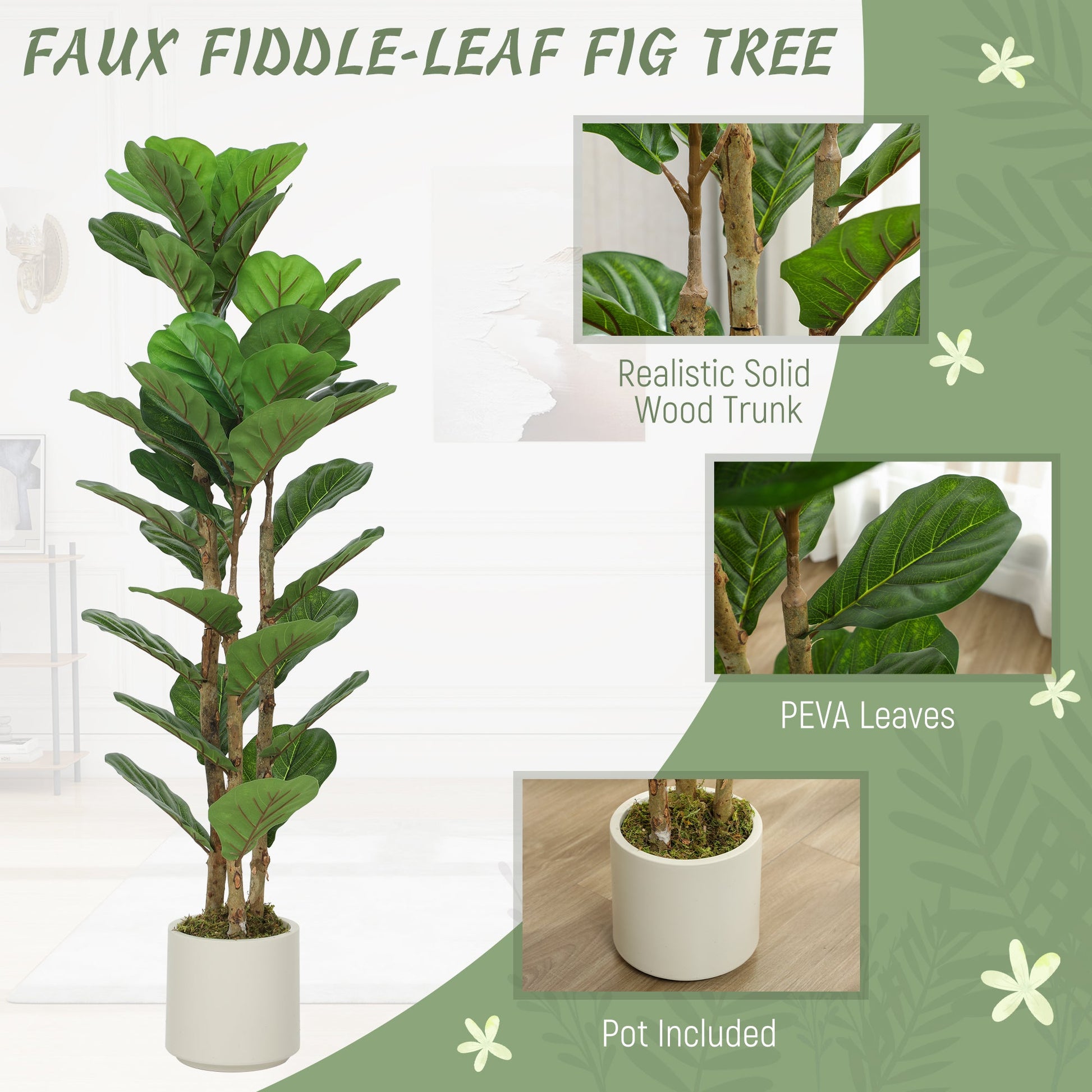 120cm Artificial Fiddle Leaf Fig Trees Set of Two with Solid Wood Trunks, Decorative Artificial Plants with 45 Leaves in Pot for Indoor Living Room Office Home Decor, Green