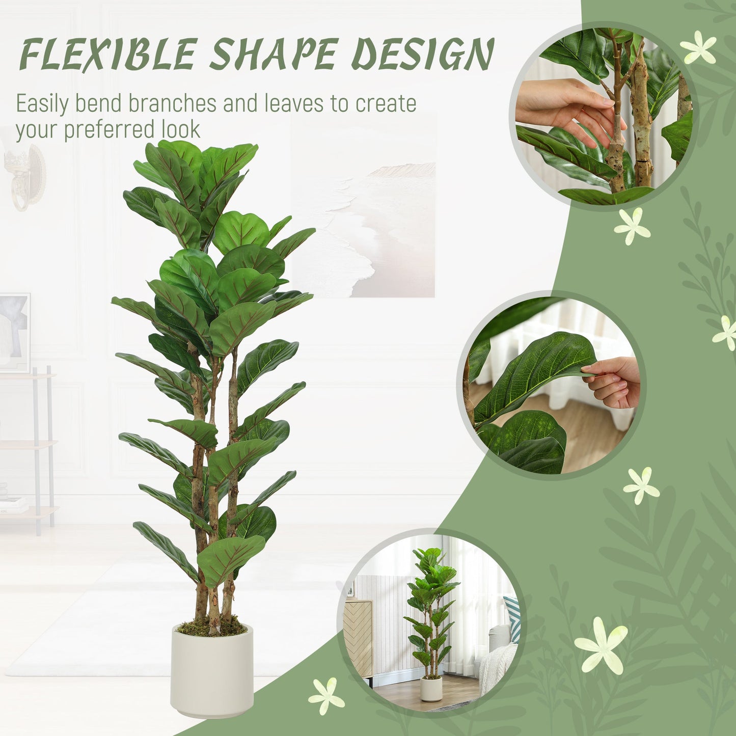 120cm Artificial Fiddle Leaf Fig Trees Set of Two with Solid Wood Trunks, Decorative Artificial Plants with 45 Leaves in Pot for Indoor Living Room Office Home Decor, Green