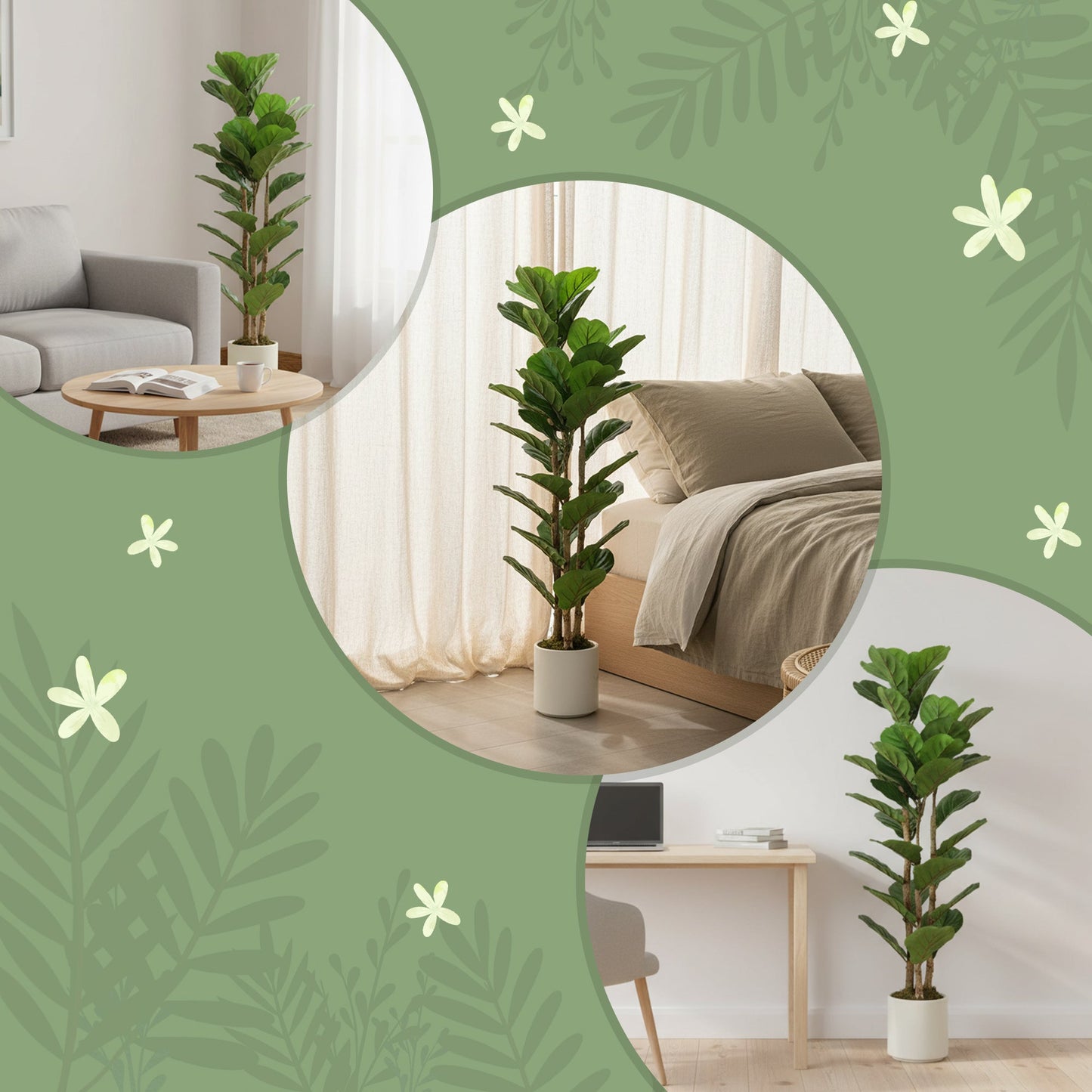 120cm Artificial Fiddle Leaf Fig Trees Set of Two with Solid Wood Trunks, Decorative Artificial Plants with 45 Leaves in Pot for Indoor Living Room Office Home Decor, Green