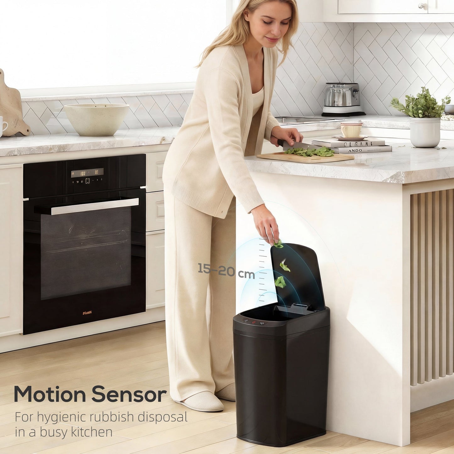 12L Sensor Bin, Automatic Touchless Motion Sensor Kitchen Bin, Compact Trash Can with Fingerprint Resistant Stainless Steel for Hygienic Gyms, Home Office Use, Black