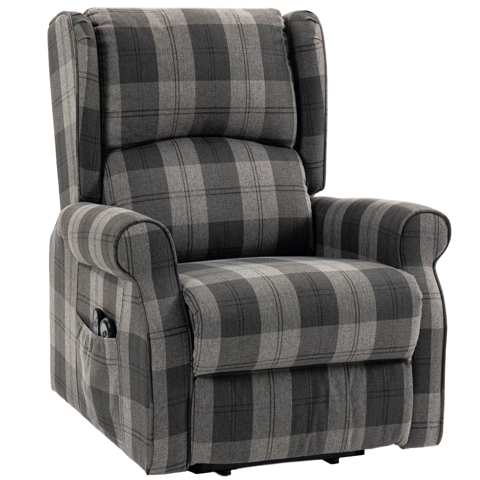 Power Lift Recliner Chair with Vibration Massage and Heat, Checked Electric Lift Chair for Elderly, Fabric Riser and Reclining Armchair with Pocket Spring, Remote, Quick Assembly, Side Pockets
