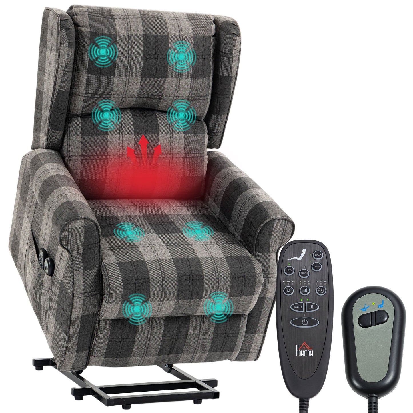 Power Lift Recliner Chair with Vibration Massage and Heat, Checked Electric Lift Chair for Elderly, Fabric Riser and Reclining Armchair with Pocket Spring, Remote, Quick Assembly, Side Pockets