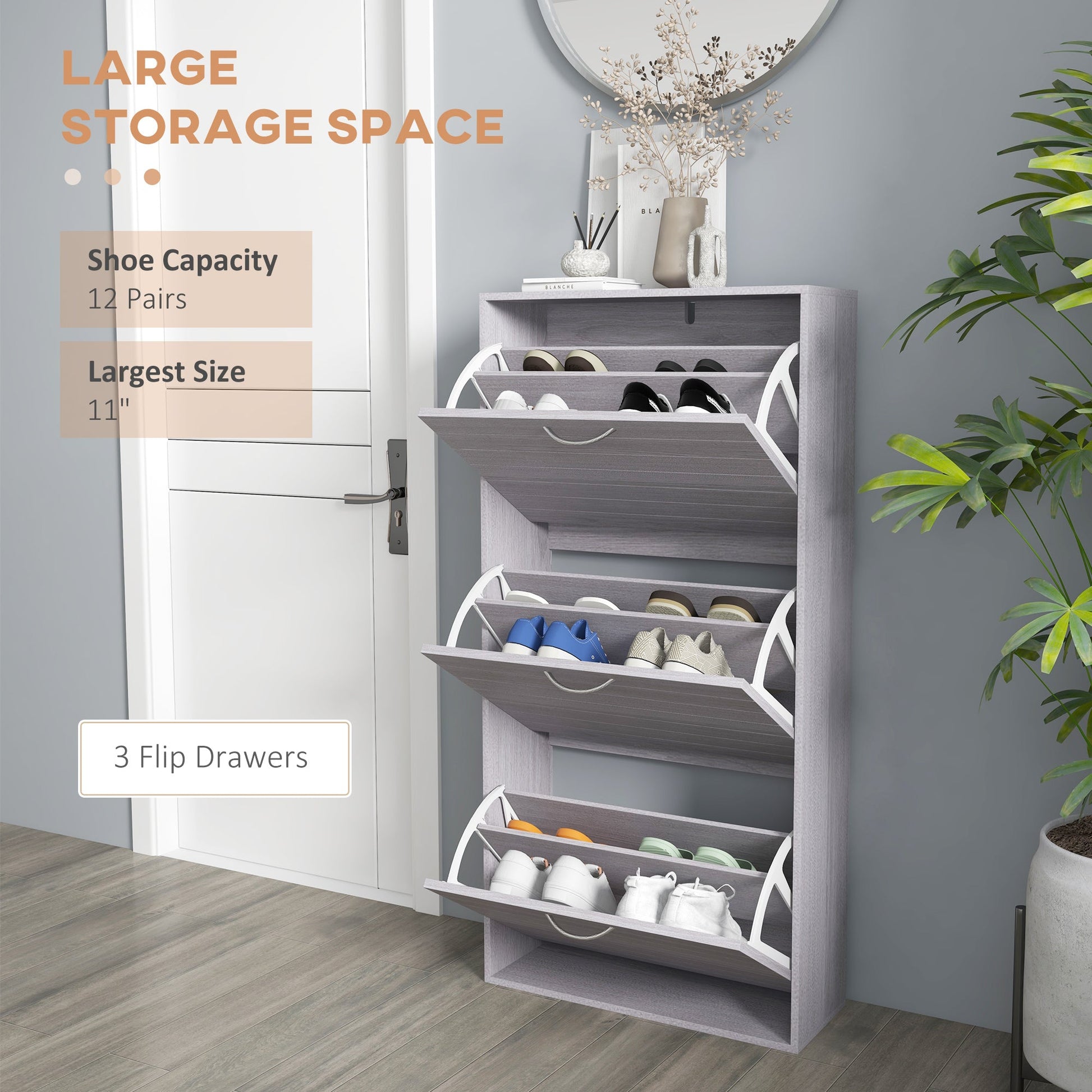 HOMCOM Narrow Shoe Cabinet, Slim Shoe Storage Cabinet with 3 Flip Drawers, 12 Pair of Shoes Organizer Hallway Entryway, Grey