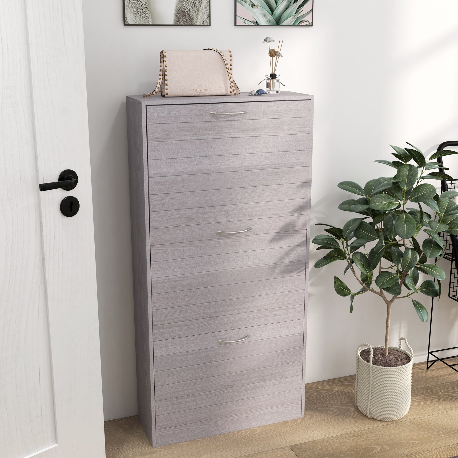 HOMCOM Narrow Shoe Cabinet, Slim Shoe Storage Cabinet with 3 Flip Drawers, 12 Pair of Shoes Organizer Hallway Entryway, Grey
