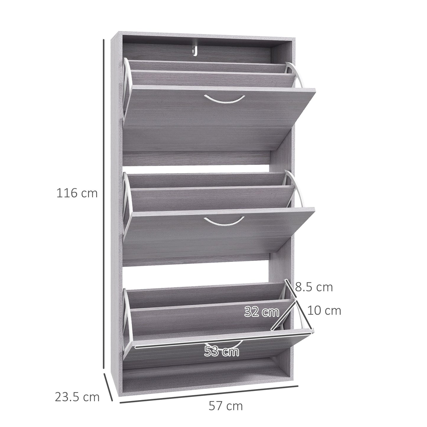 HOMCOM Narrow Shoe Cabinet, Slim Shoe Storage Cabinet with 3 Flip Drawers, 12 Pair of Shoes Organizer Hallway Entryway, Grey