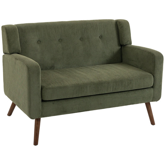 2 Seater Sofa, 118 cm Corduroy Small Sofa with Spring Cushion, Compact Tufted Loveseat Sofa Settee with Wooden Legs for Small Space, Living Room, Bedroom, Home Office, Dark Green