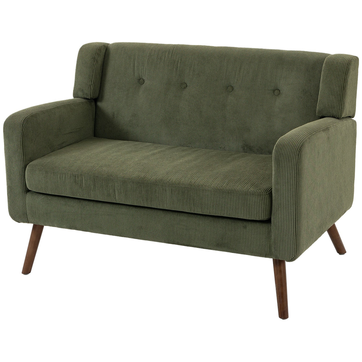2 Seater Sofa, 118 cm Corduroy Small Sofa with Spring Cushion, Compact Tufted Loveseat Sofa Settee with Wooden Legs for Small Space, Living Room, Bedroom, Home Office, Dark Green