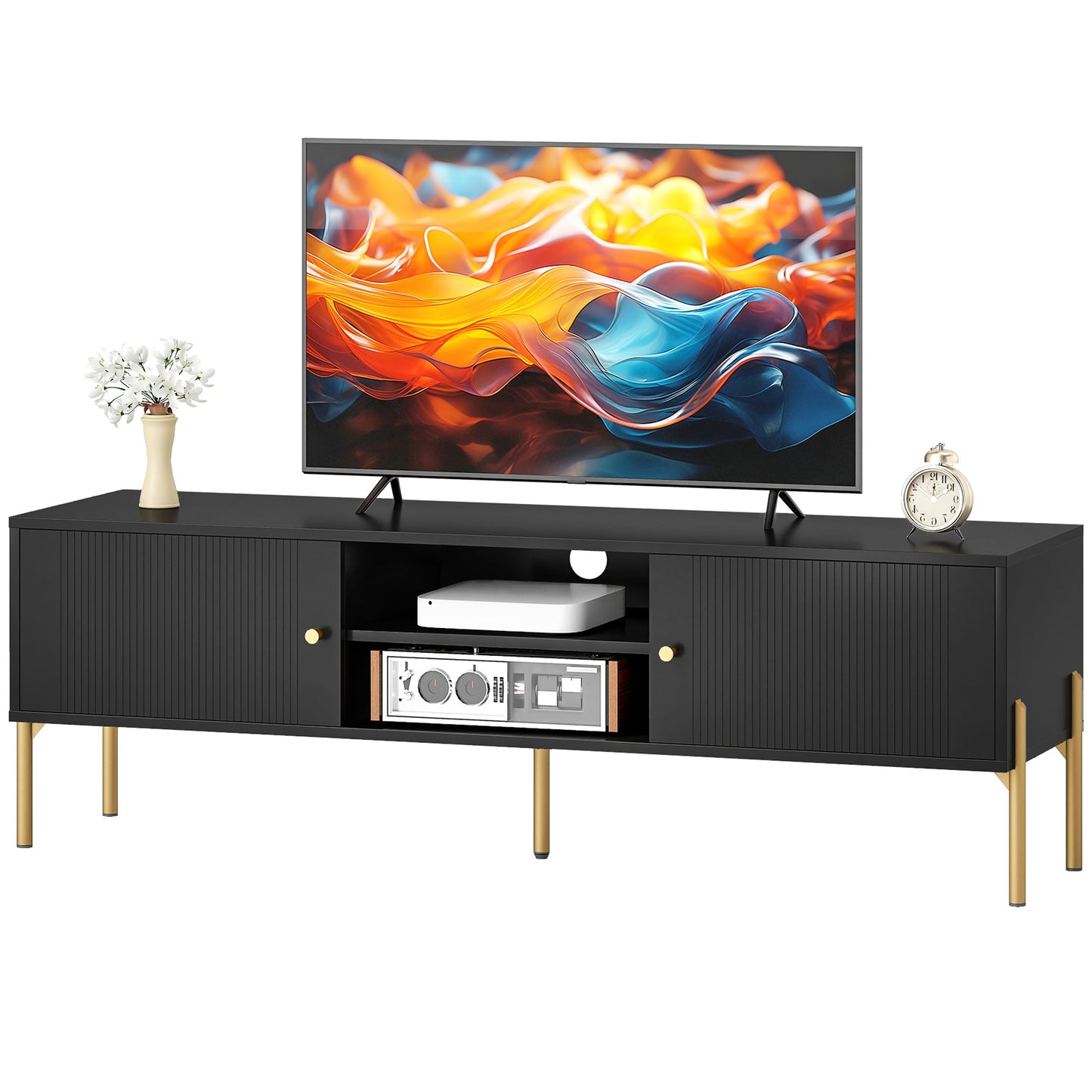 TV Stand for Television up to 65 Inch, Modern Entertainment Center with 2 Open Shelves, 2 Cabinets and 5 Steel Legs, TV Console with 2 Cable Holes for Living Room, Black