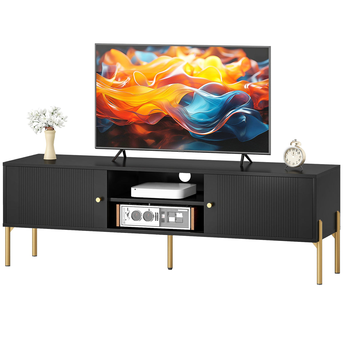 TV Stand for Television up to 65 Inch, Modern Entertainment Center with 2 Open Shelves, 2 Cabinets and 5 Steel Legs, TV Console with 2 Cable Holes for Living Room, Black