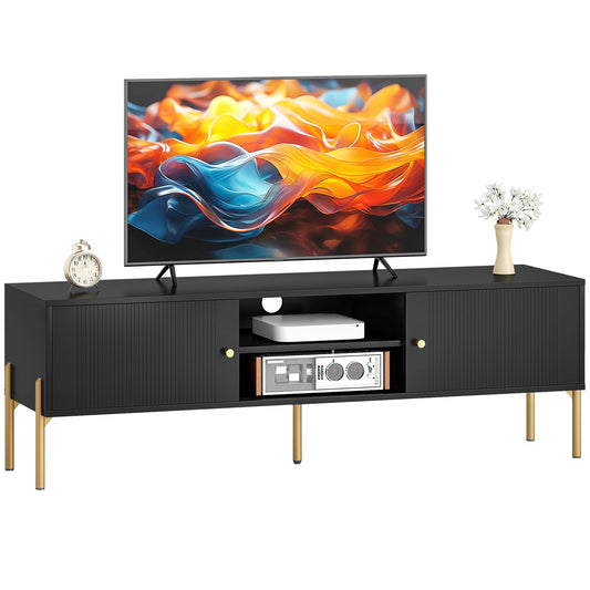 TV Stand for Television up to 65 Inch, Modern Entertainment Center with 2 Open Shelves, 2 Cabinets and 5 Steel Legs, TV Console with 2 Cable Holes for Living Room, Black