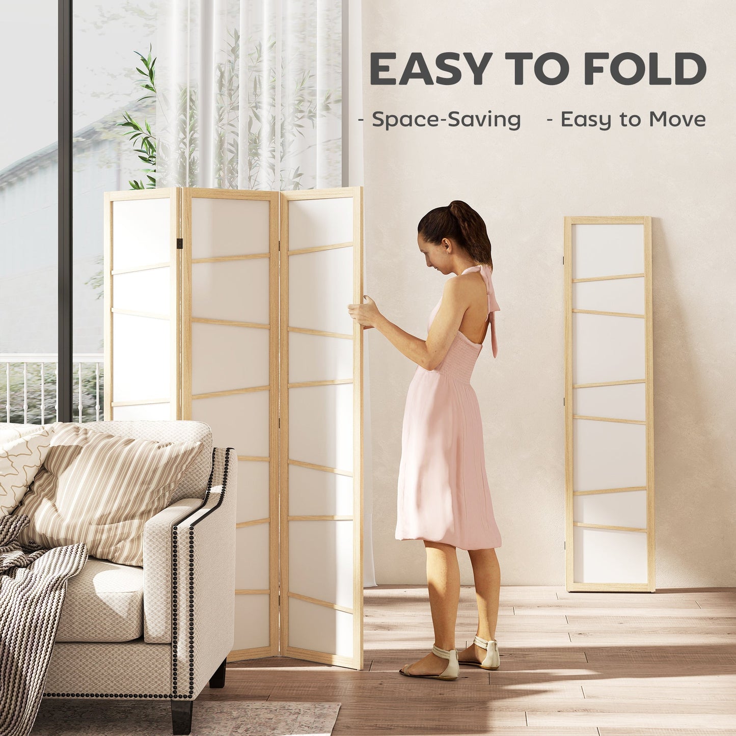 3 Panel Room Divider, Wooden Folding Privacy Screen, Freestanding Wall Partition Separator for Bedroom, Natural Wood Finish